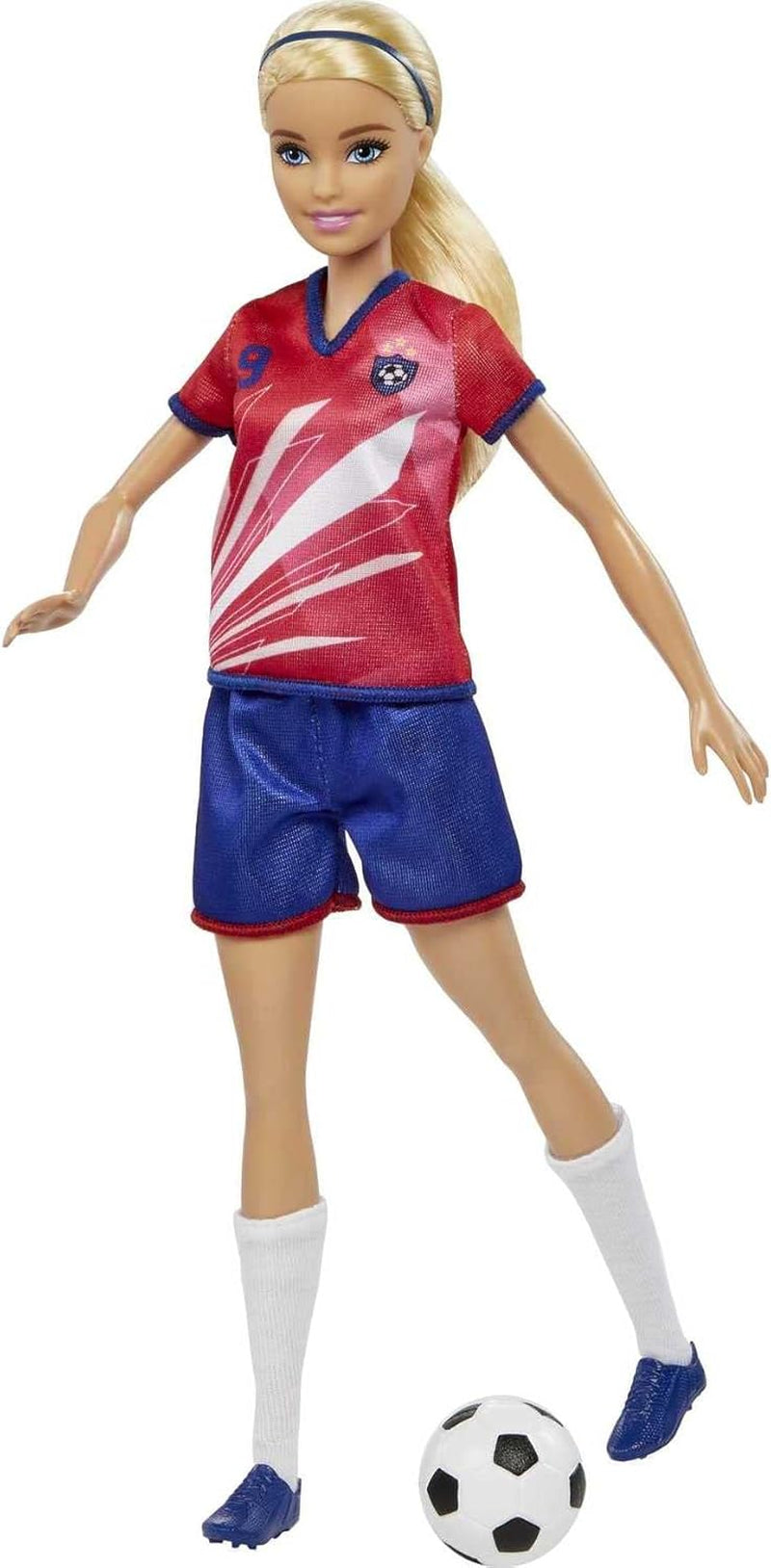 Barbie You Can Be Anything Serie, Fußballspieler, Fußballspieler mit blonden Haaren, rotem und blauem Trikot, Ball, Zubehör, inkl. Puppe, Geschenk für Kinder ab 3 Jahren,HCN17