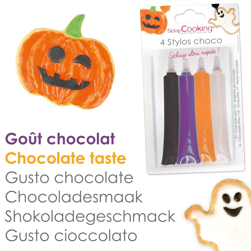 Scrapcooking - Set de 4 stilouri de ciocolată de Halloween - negru, portocaliu, violet și alb, scrieți și desenați pe deserturi, prăjituri și biscuiți Naty Shop