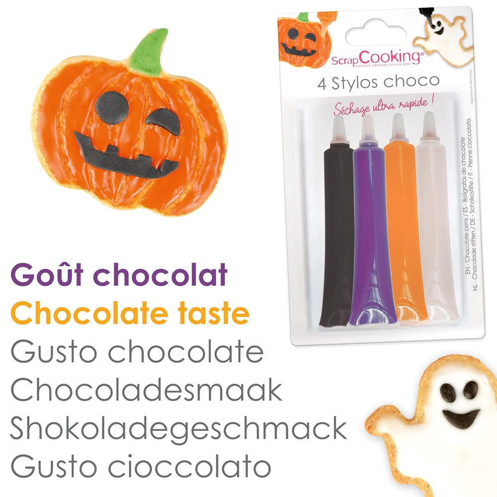 Scrapcooking - Lot de 4 crayons de chocolat Halloween - Noir, orange, violet et blanc - Colorants comestibles - Colorant alimentaire pour écrire - Écrire et dessiner sur les desserts, gâteaux et biscuits - 7064