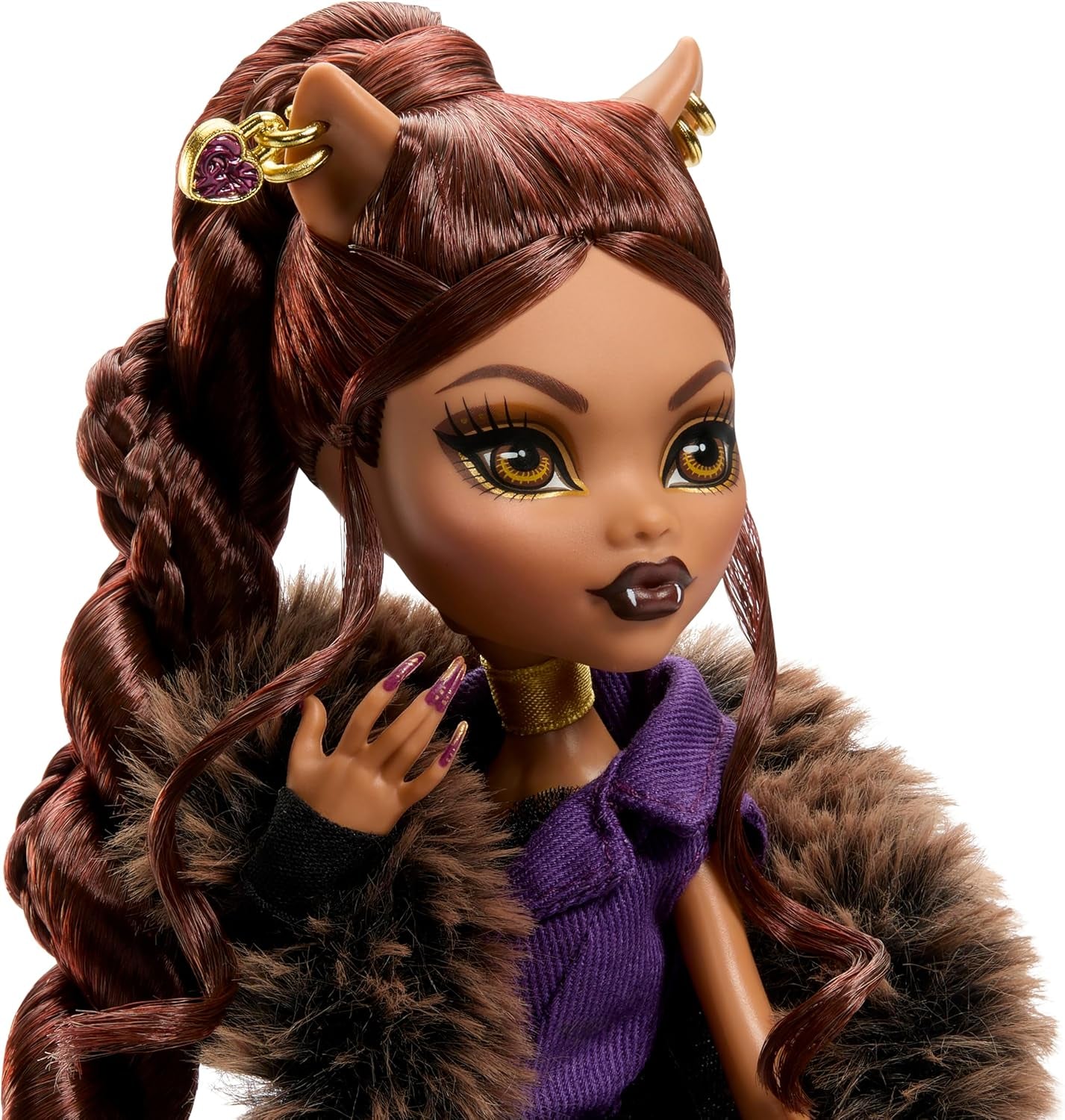 Monster High Doll House of Wolves Figurine de collection Clawdeen Wolf avec manteau en fausse fourrure jacquard veste violette robe pantalon doré et accessoires JDR66