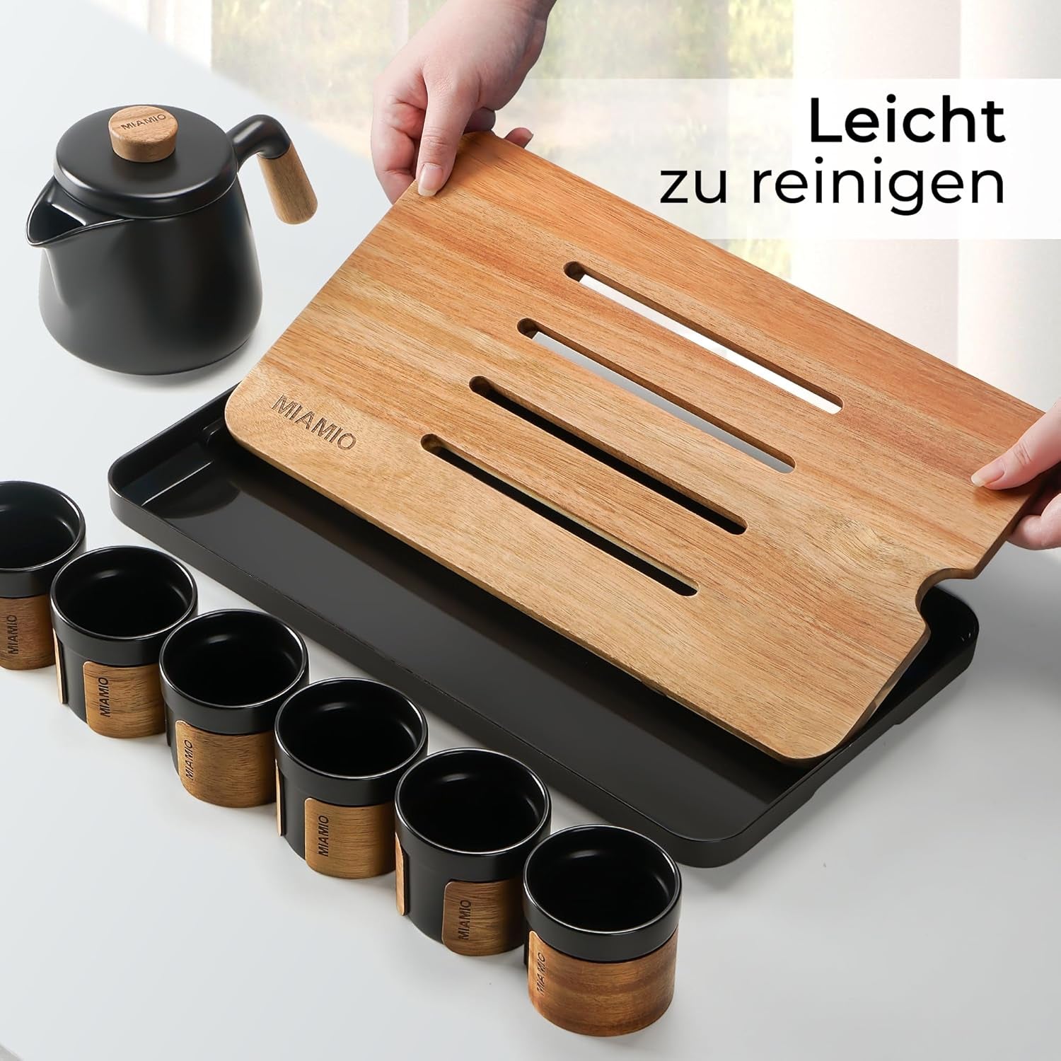 MIAMIO - Service à thé japonais/chinois 6 x 100 ml / Théière asiatique 620 ml avec infuseur à thé, ensemble de théière japonaise traditionnelle pour les amateurs de thé/hommes/femmes (noir)