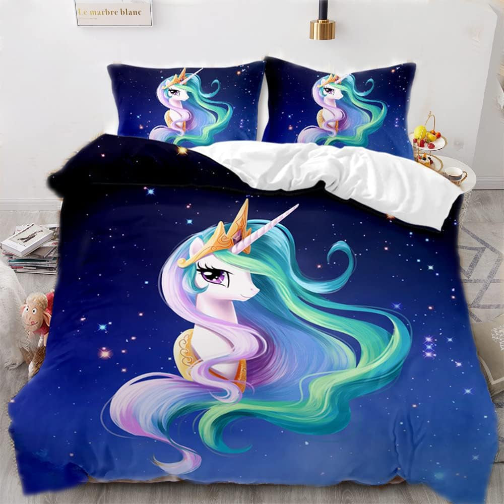 Literie fille, Licorne, 2 taies d'oreiller Literie - enfants Naty Shop Licorne sur fond bleu 220×240 Cm