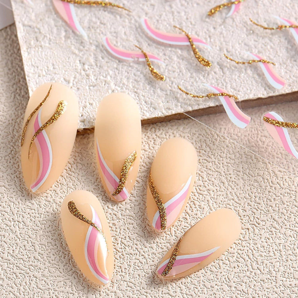 JMEOWIO Nagelsticker Französische Tipp 9 Blatt Nail Art Sticker Selbstklebend Nagelaufkleber Glitzer Wellenlinie Dekoration Nageldesign Zubehör