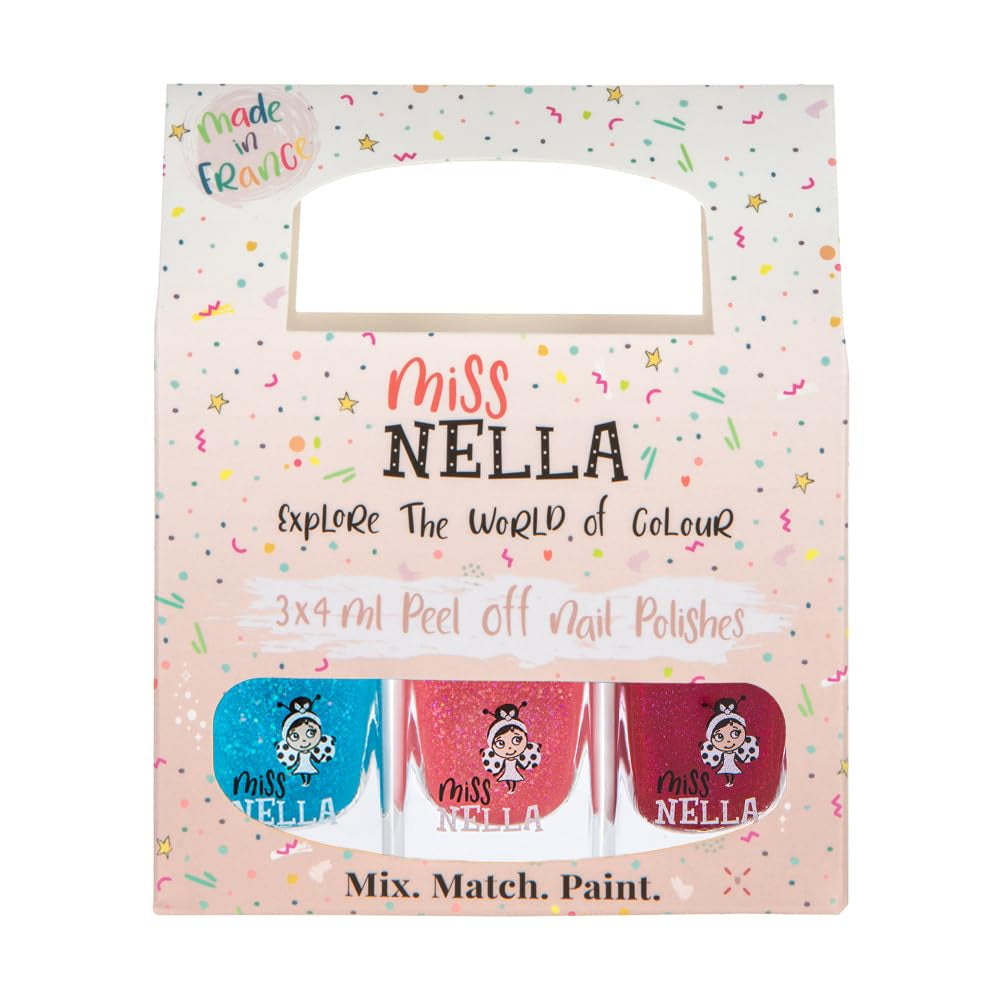 Miss Nella Magic Collection Lot de 4 vernis à ongles pailletés : rose, rouge, or et bleu, vernis à ongles amovible spécial enfants, non toxique, à base d'eau, sans odeur