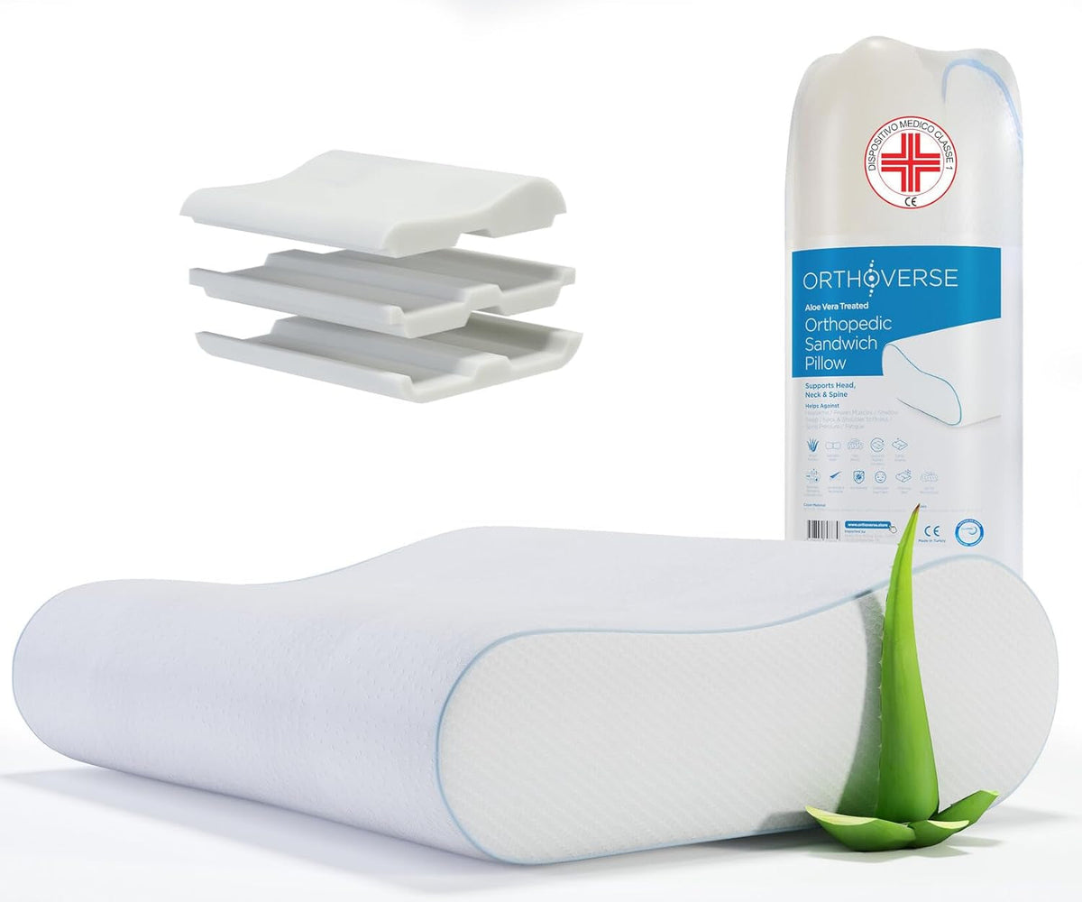Oreiller orthopédique ORTHOVERSE - oreiller de soutien du cou, oreiller de couchage, oreiller, oreiller en mousse à mémoire de forme, oreiller, oreiller pour douleurs cervicales - réglable en hauteur, housse à l'aloe vera, aide médicale Oreillers orthopédiques cervicaux Naty Shop 1