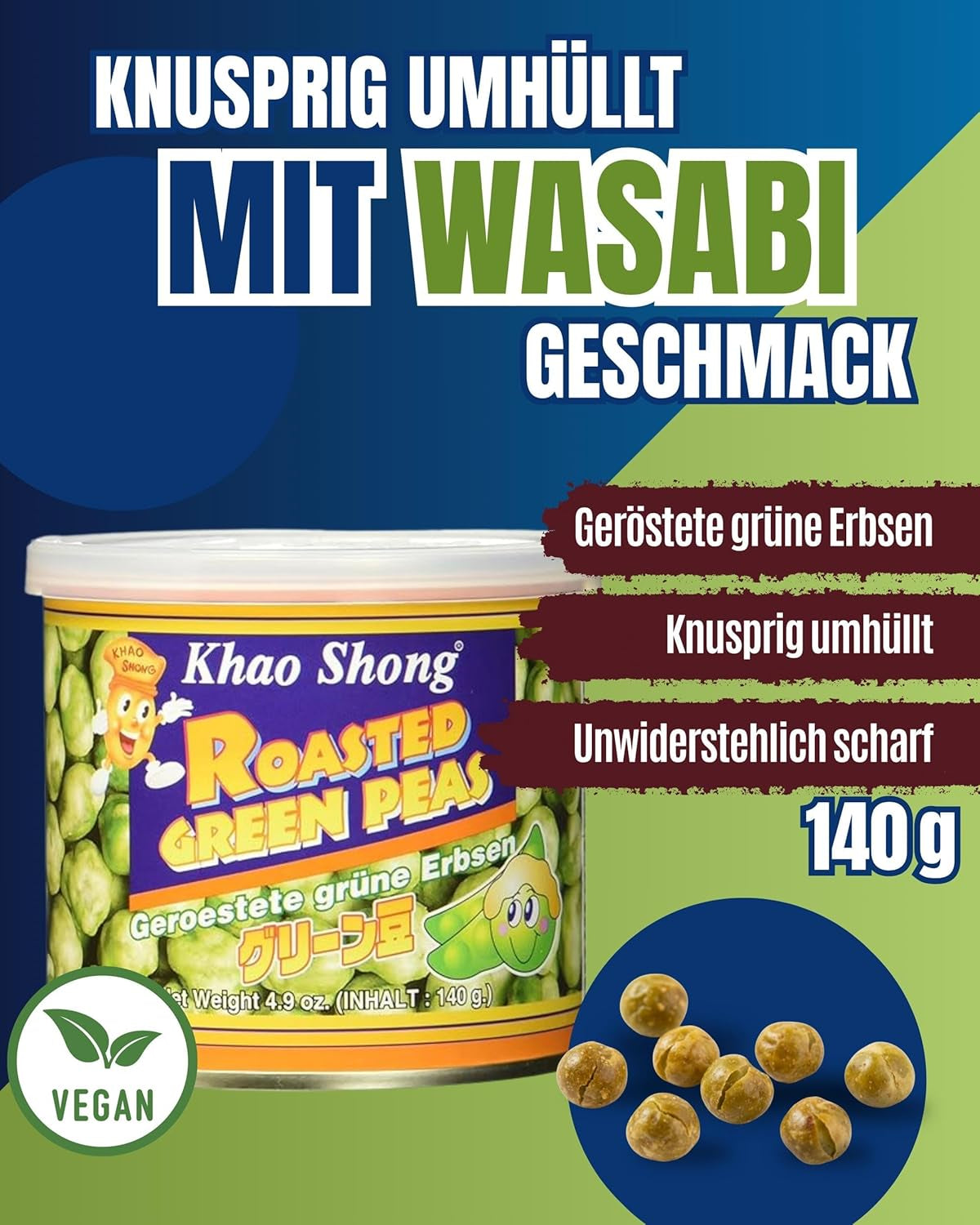 Khao Shong Pois verts frits au wasabi, pois croustillants dans une pâte épicée, une alternative faible en gras aux noix, moyennement épicé, 1 boîte de 140 g | 140 g (1 paquet)