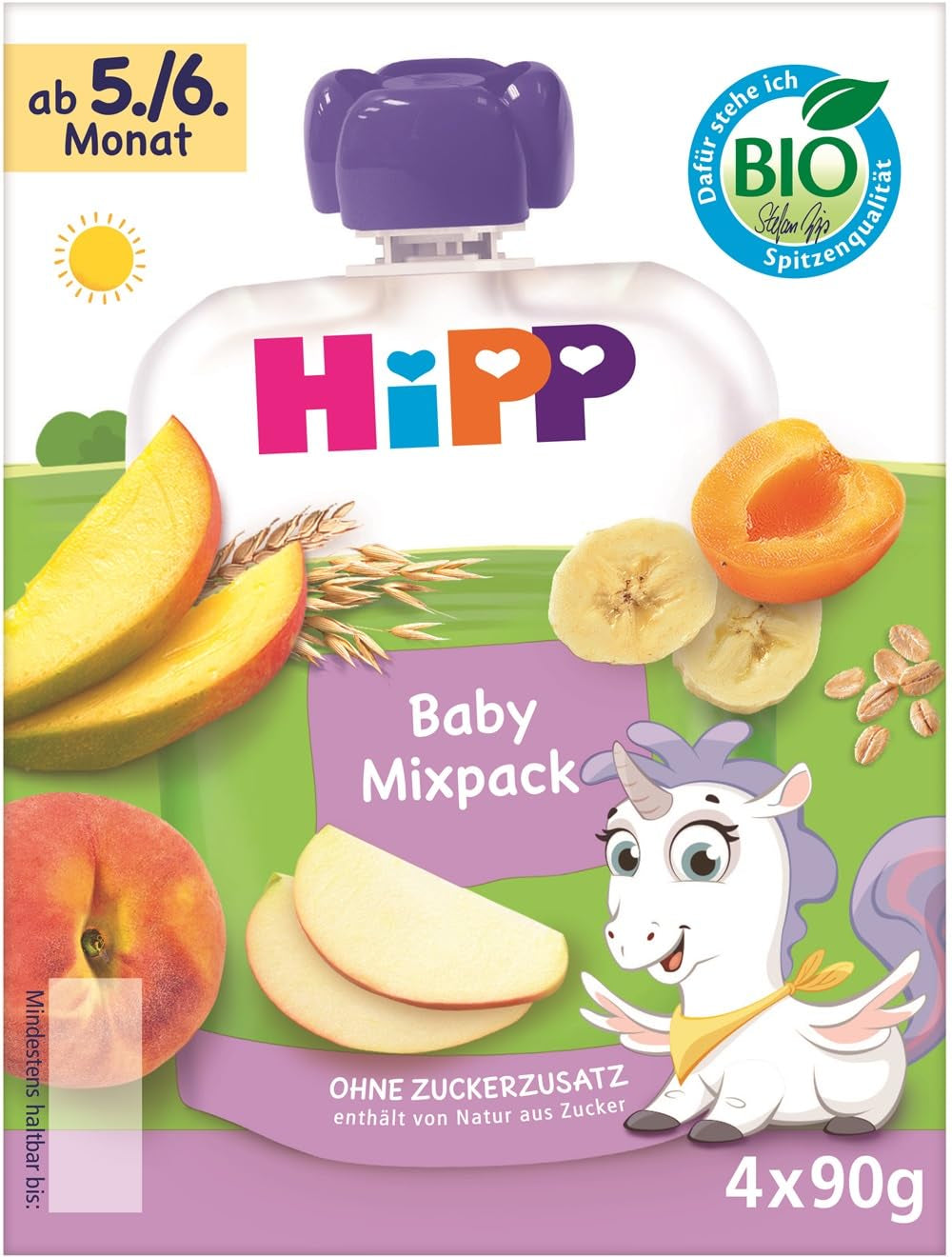 Sachets à presser biologiques HiPP, paquet mixte, 16 pièces (4 paquets de 4 x 90 g chacun), pour bébés de 5/6 mois, quatre saveurs délicieuses, sans sucre ajouté, meilleure qualité biologique