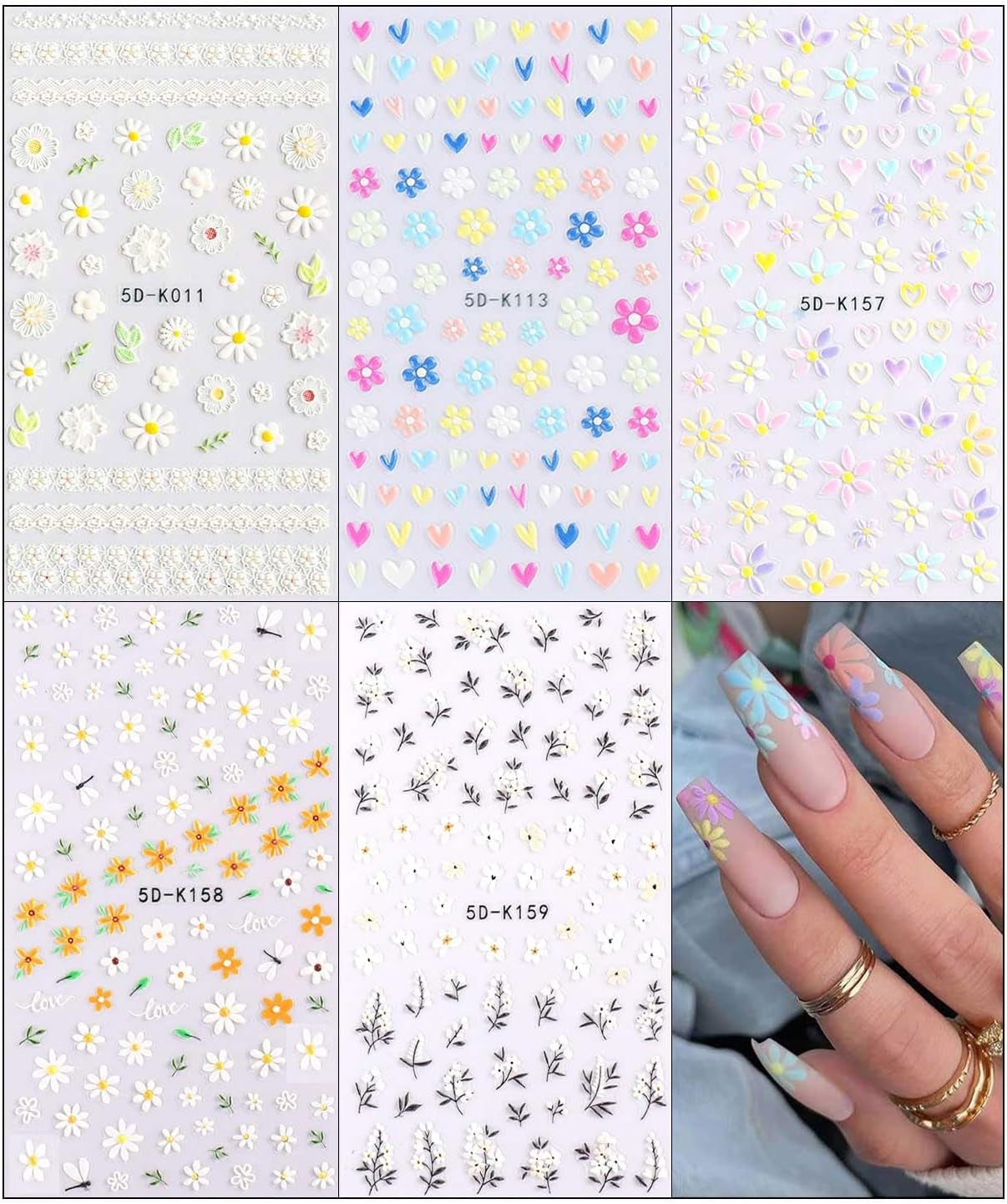 JMEOWIO 3D Nagelsticker Frühling Blumen 5 Blatt Nagelaufkleber 5D Stereoskopisch Selbstklebend Bunte Blüte Nail Art Sticker Dekoration Nageldesign Zubehör