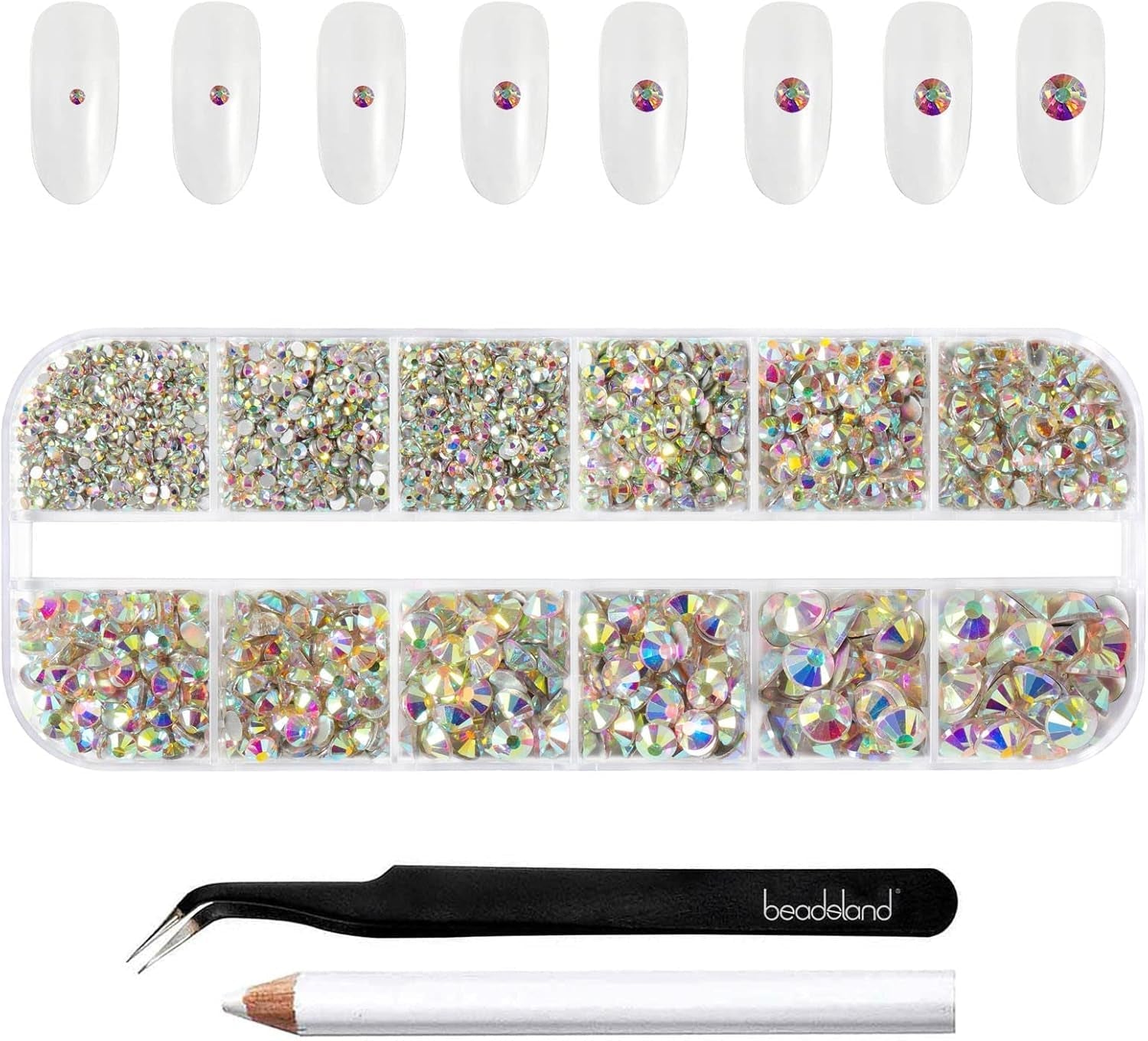 Beadland 2500Pcs Verre Nailart Strasssteine ​​​​Kristall Flatback Edelsteine ​​​​Runde, ​​​​pour Handwerk Gemischt 8 Größen SS4 ~ SS30 Mit Picking Pinzette Und Stift (Kristall Weiss)
