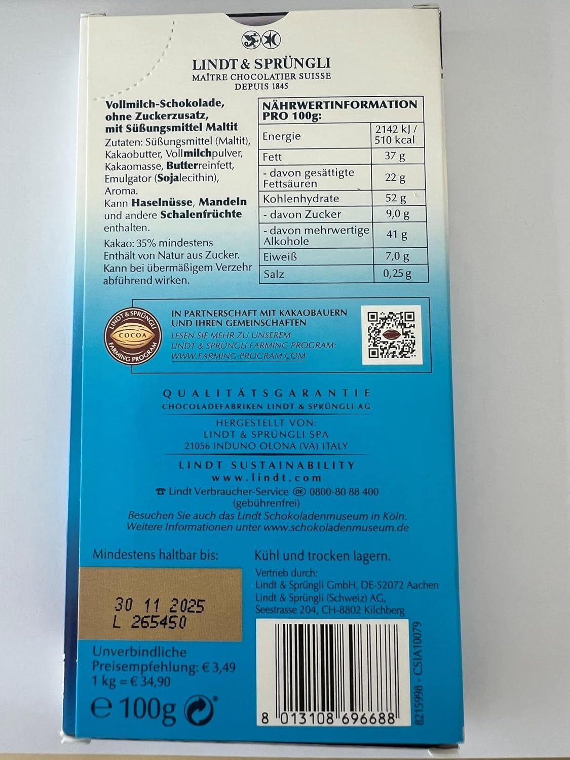 Chocolat au lait Lindt sans sucre ajouté | Barre 100g | Le meilleur et sans gluten | Cadeau chocolat