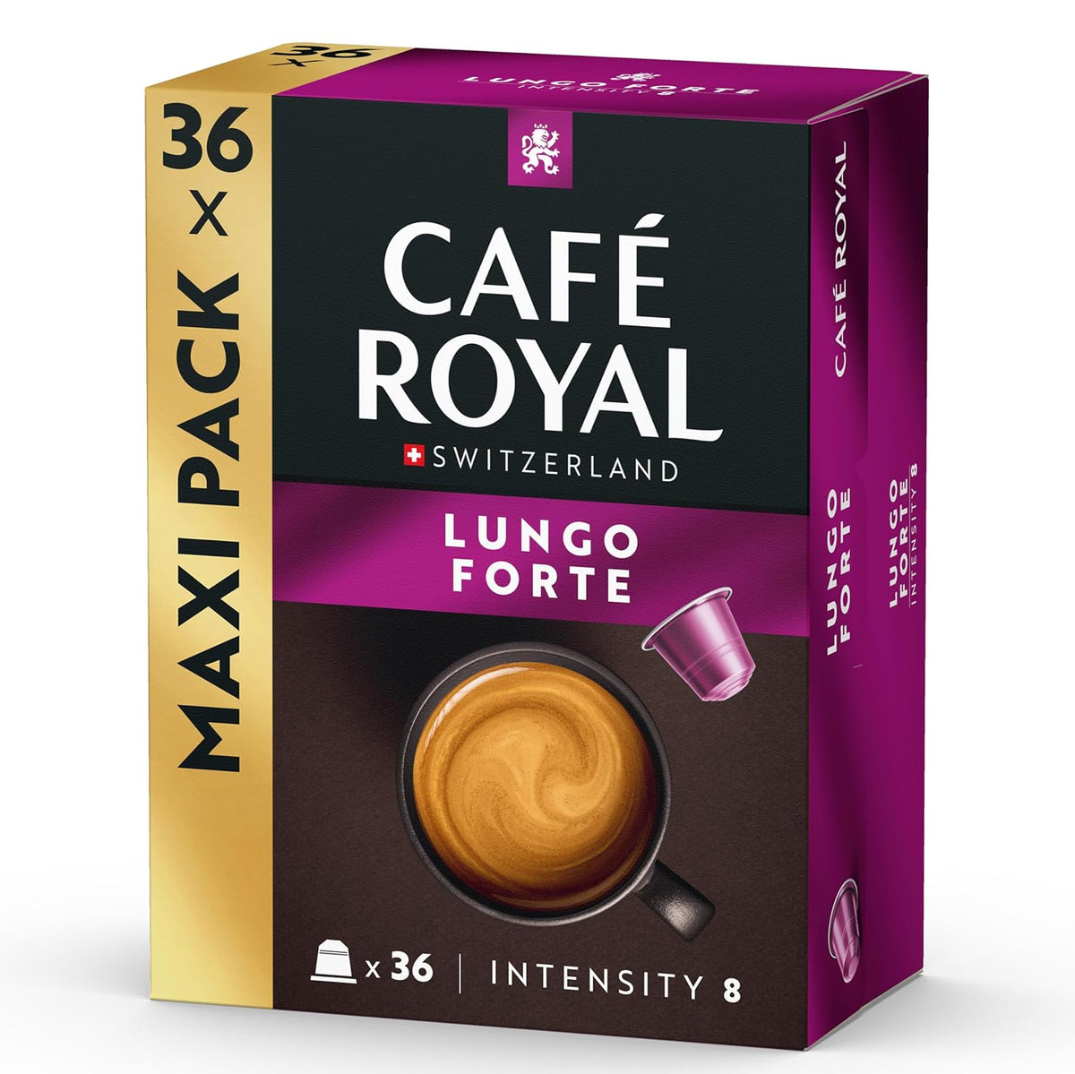 Café Royal Lungo Forte – Capsules de café compatibles Nespresso®, 100% Arabica, würzig, dunkle Röstung, Intensität 8/12, Rainforest Alliance, 36 capsules