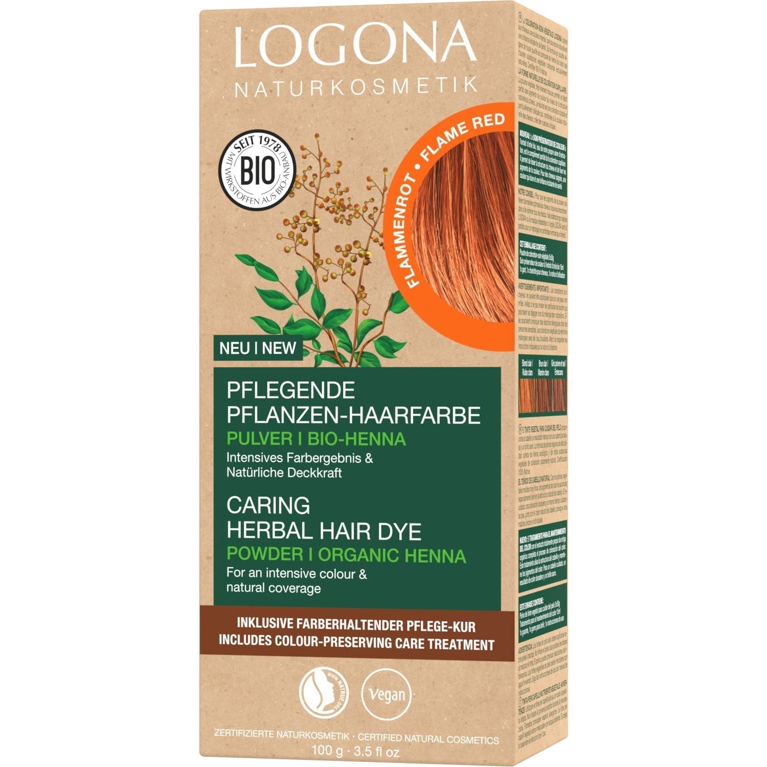 LOGONA Natural Cosmetics Teinture capillaire nourrissante à base de plantes, teinture capillaire végétalienne en poudre de henné biologique pour une couleur et une brillance intenses, teinture capillaire à base de plantes en blond cuivré (blond), 1 x 100 g Naty Shop Coloration capillaire rouge flamme 100 g (1 paquet)