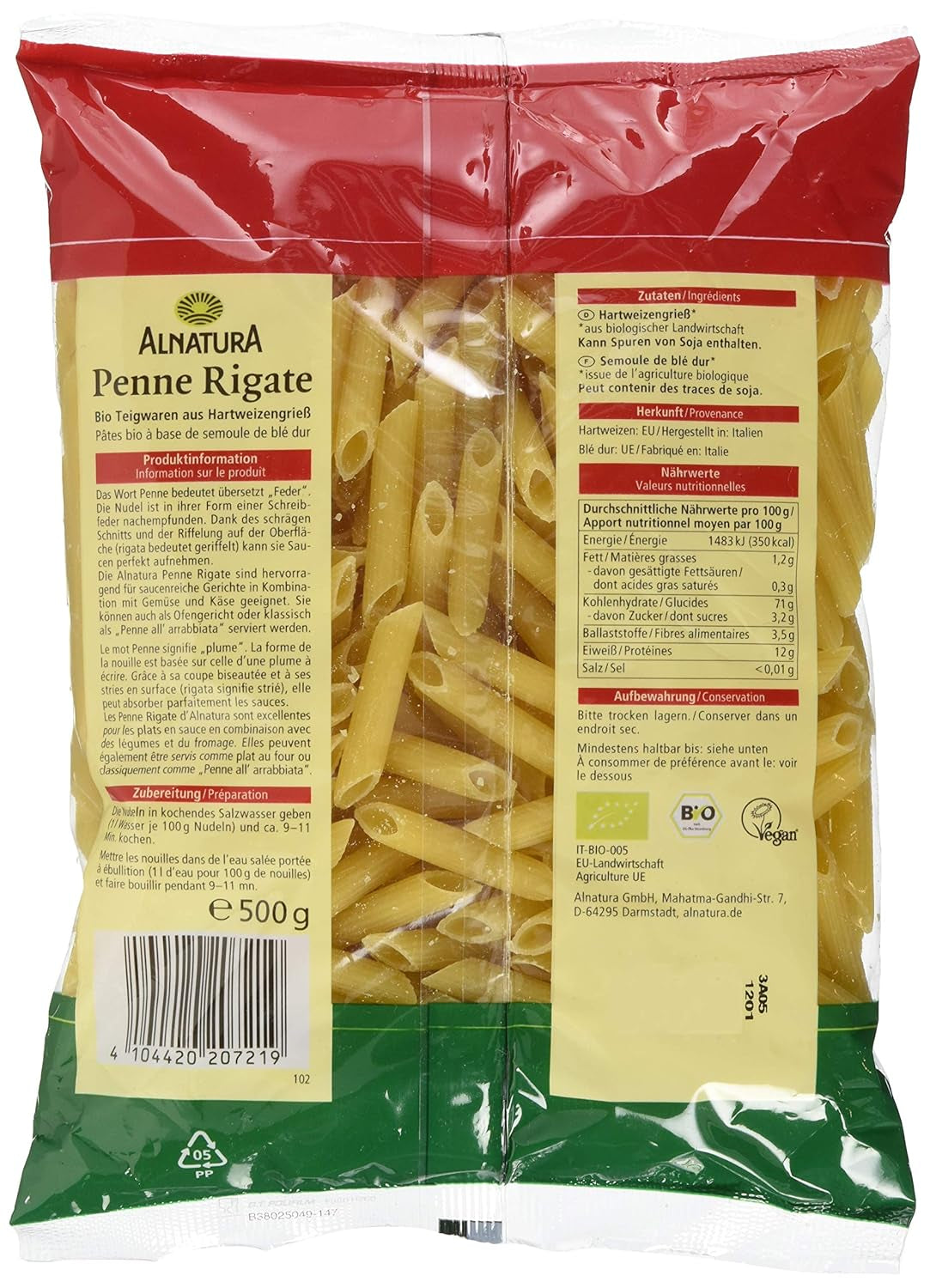 Pâtes biologiques Penne Rigate, 500g