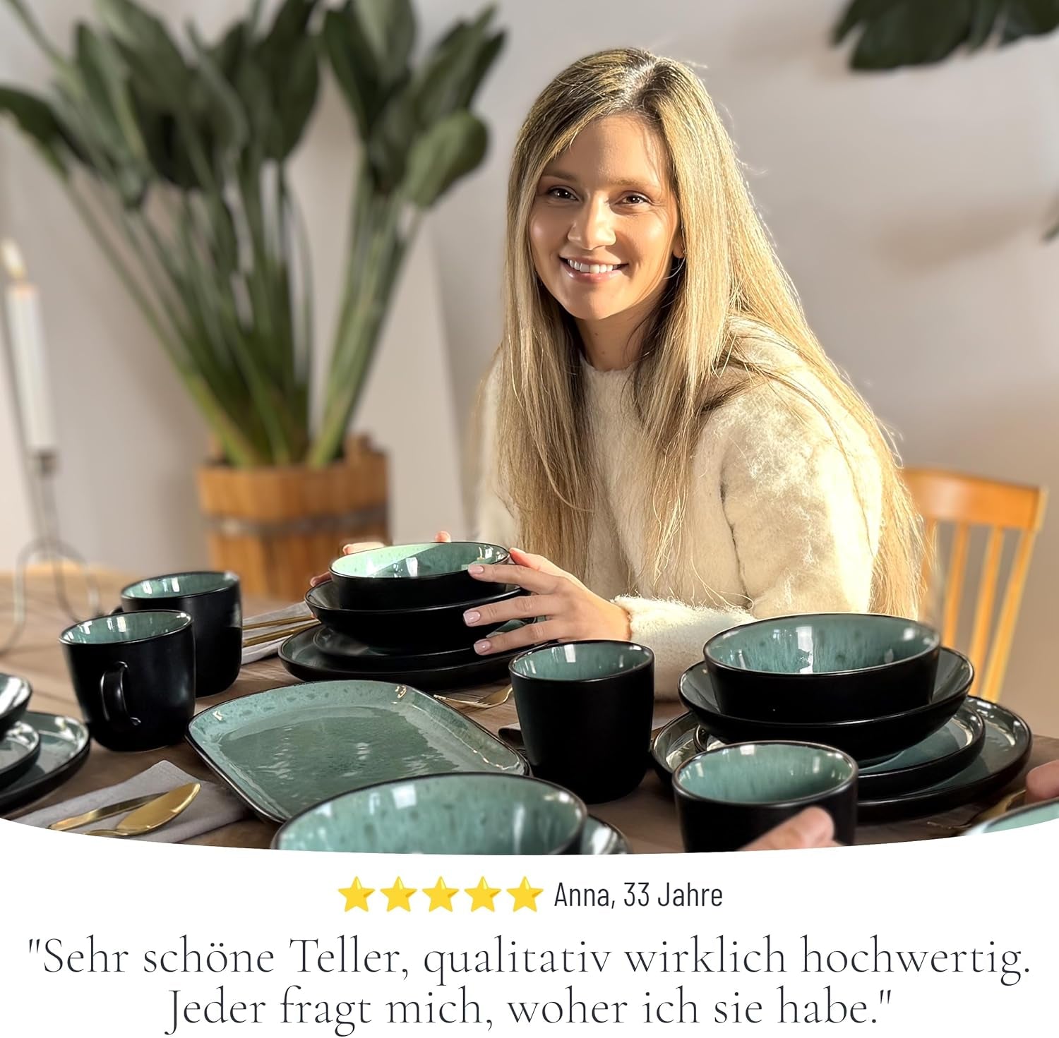 Service de table 24 pièces en grès cérame pour 6 personnes, design Ibiza, GAGNANT DU TEST. Un magnifique ensemble de vaisselle méditerranéenne comprenant des bols et des assiettes. Service de table Pure Living, vert sauge.