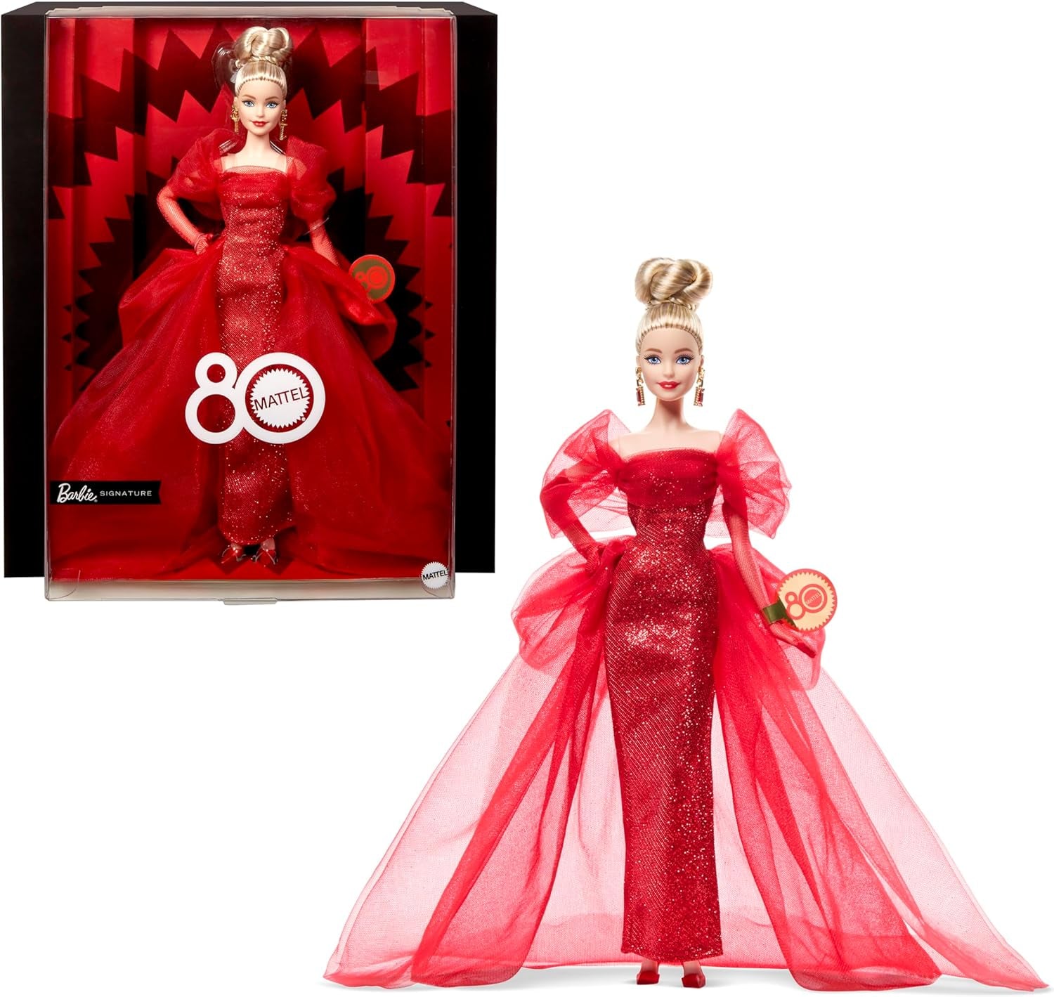 Barbie Signature Doll 80e anniversaire Mattel Figurine de collection en robe de tulle rouge scintillant avec boucles d'oreilles en forme de larme et gants délicats cheveux blonds JBJ17