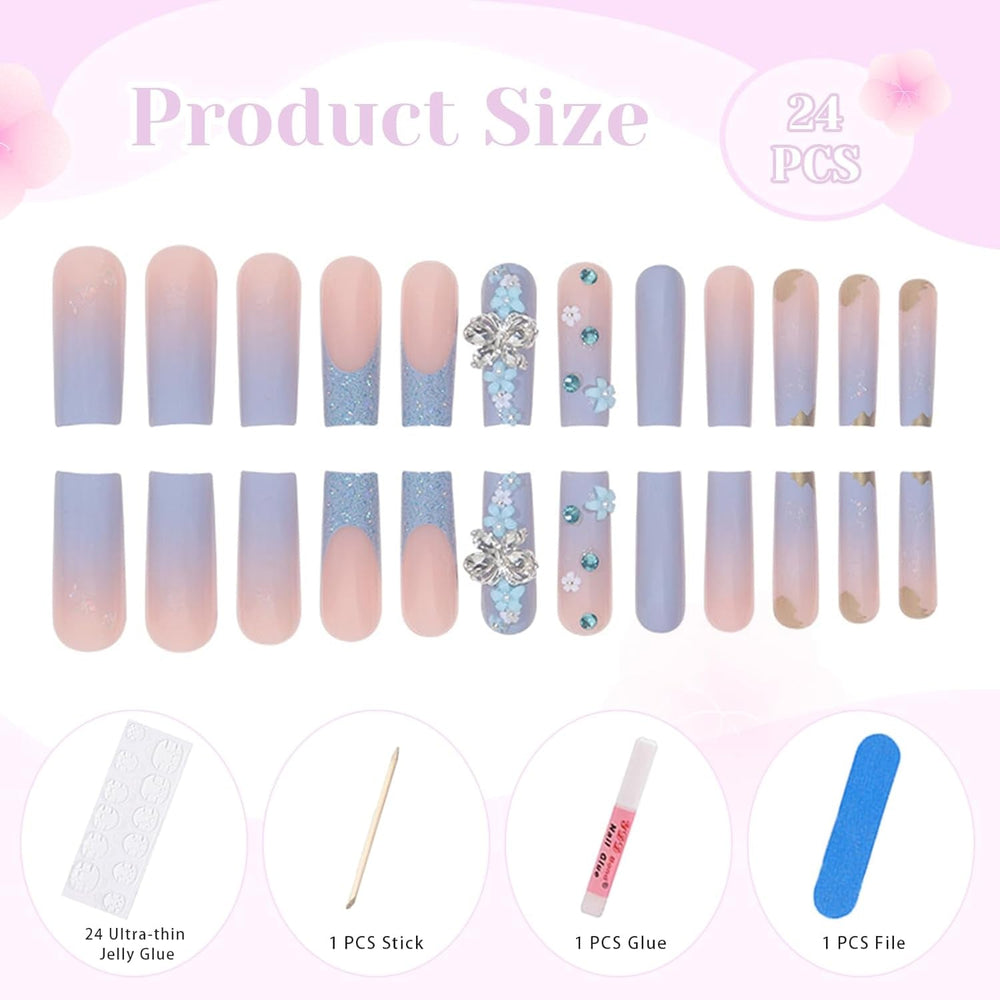 24 pièces papillon bleu ongles artificiels carré presse sur français longues paillettes brillant strass faux ongles conseils