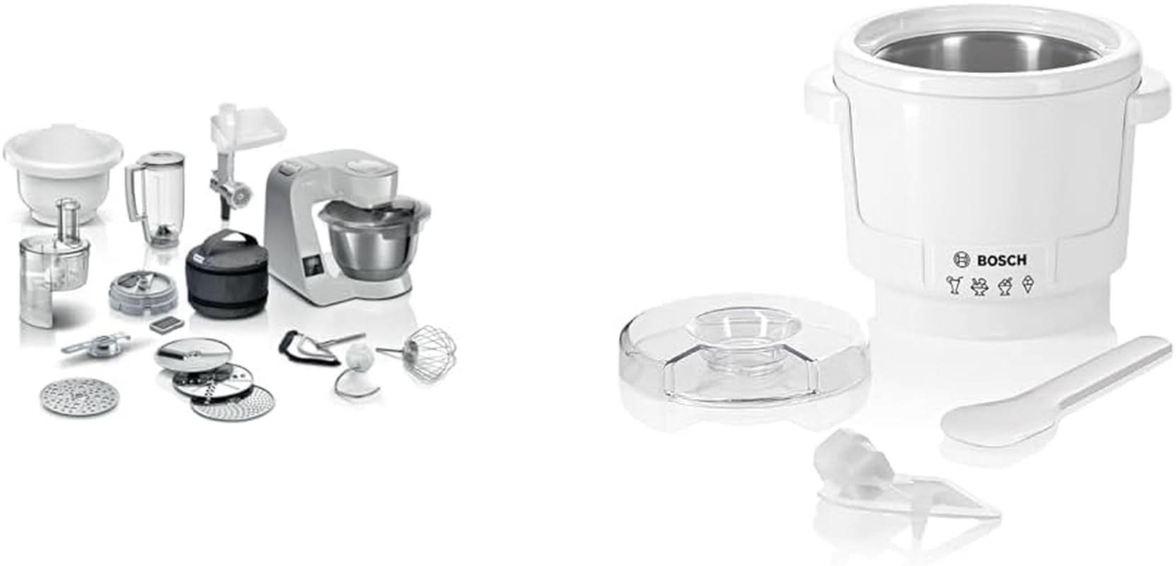Robot culinaire Bosch Série 4 MUM5X720, balance intégrée, bol inox 3,9L, mixeur 1,25L, 1000W Accessoires Alimentation et Allaitement Bebe Naty Shop Package avec machine à glaçons Gris Argent 6 accessoires