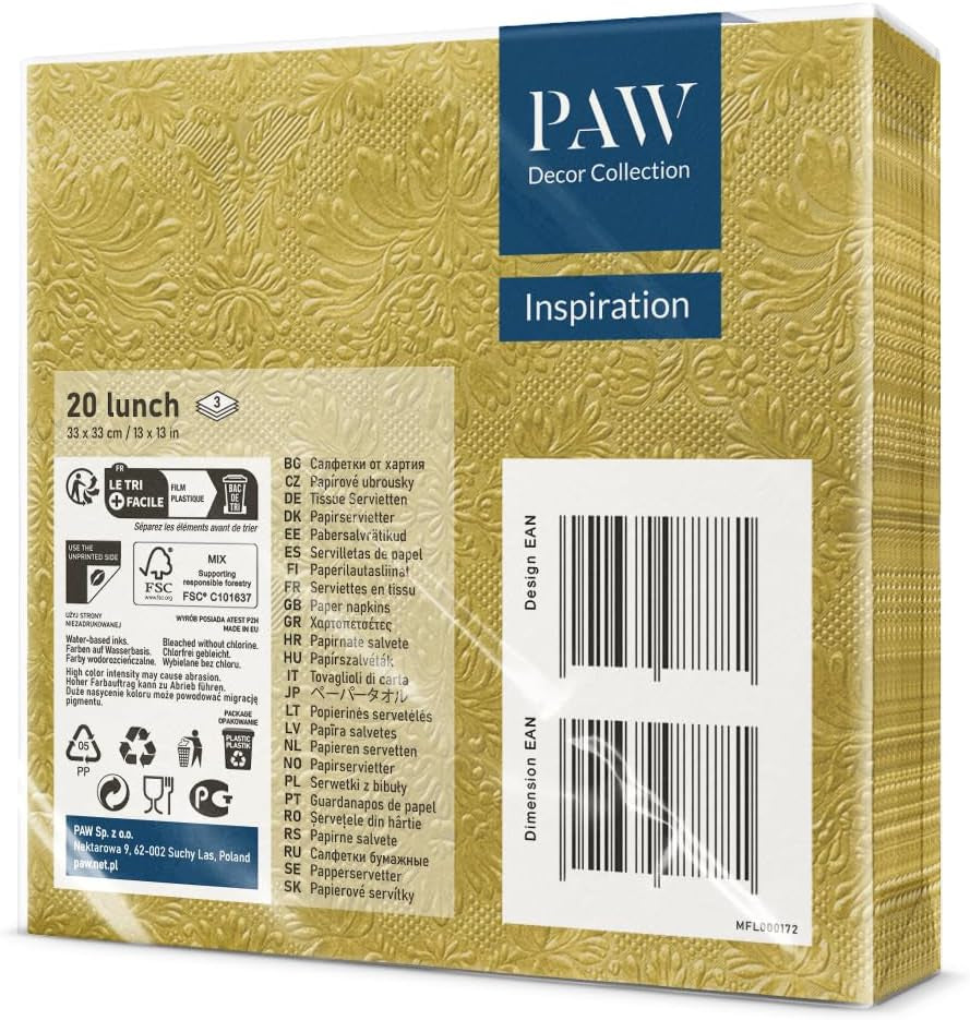 PAW - Serviettes 3 Plis (33 X 33 Cm) I 20 Pièces I Parfaites pour les Anniversaires, Fêtes, Mariages, Communions et Fêtes I Serviettes en Papier Colorées - Occasions Spéciales, Ornements I Inspiration Classique (Or)