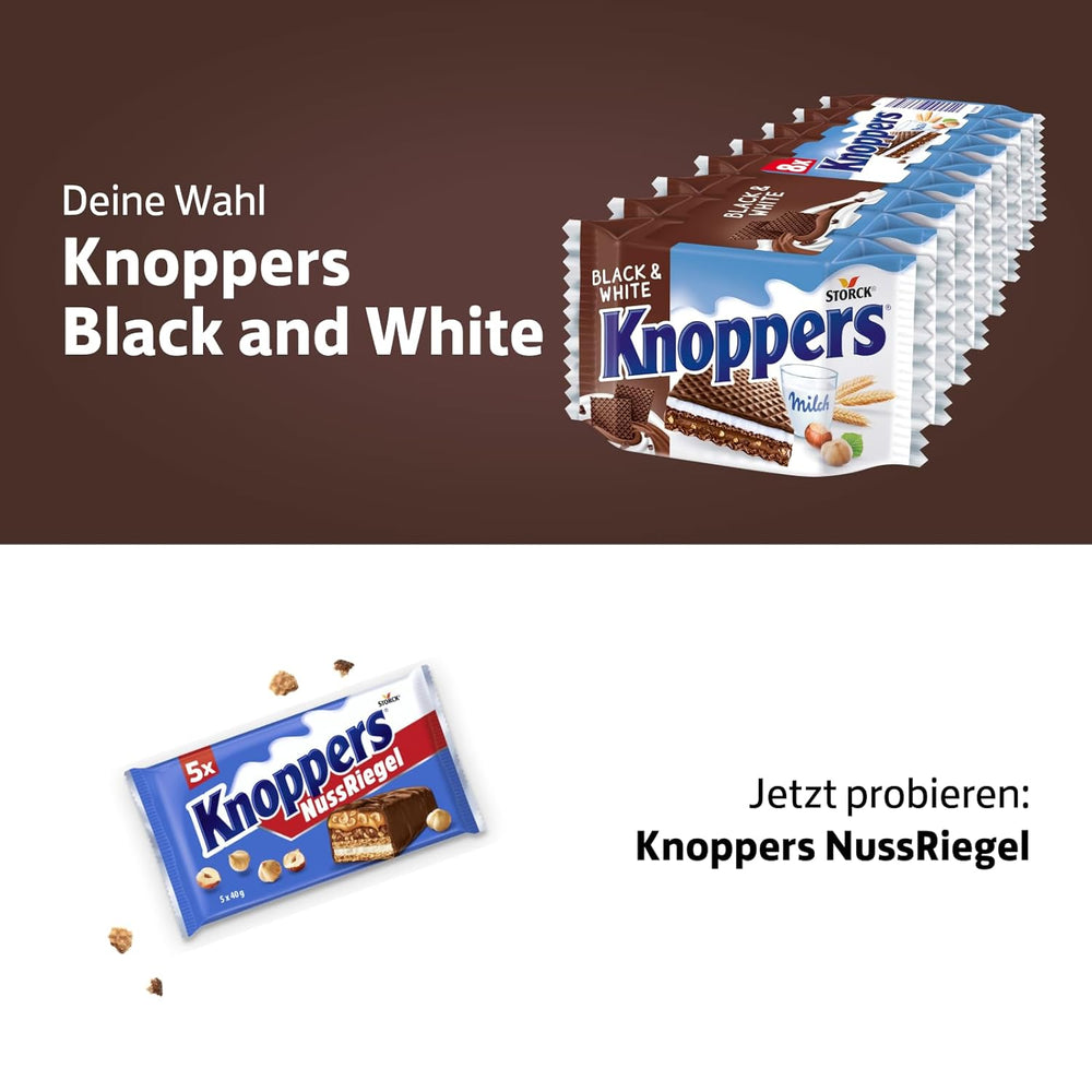 Knoppers Blancs et Noirs – 8 x 25g – Tranches de gaufrettes fourrées de gaufrettes au cacao noir, morceaux de biscuits noirs, lait et crème de nougat