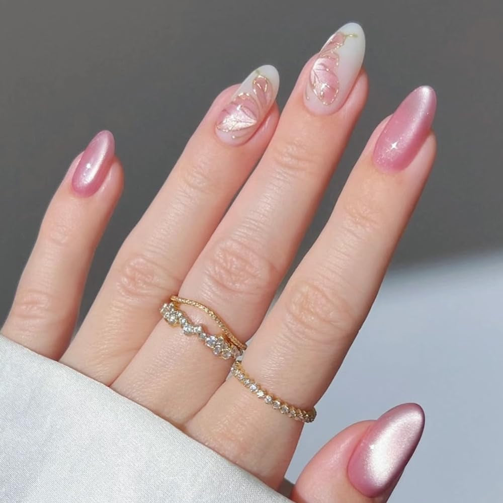 Moonglow Faux Ongles Magnétiques Courts, Rose Amande Rouge Dégradé Paillettes Oeil de Chat avec Colle, Rose Rouge Ombre Paillettes Photothérapie Ongles Artificiels pour Femmes et Filles