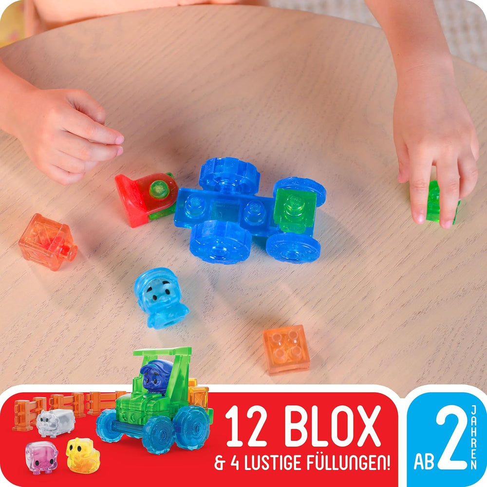 Jelly Blox - Traktor-Set, 12 taktile weiche Bausteine, Spiel mit Traktor und Bauer, Sinnesbaukasten für Kinder ab 2 Jahren, ausziehbare und Flexible Bausteine