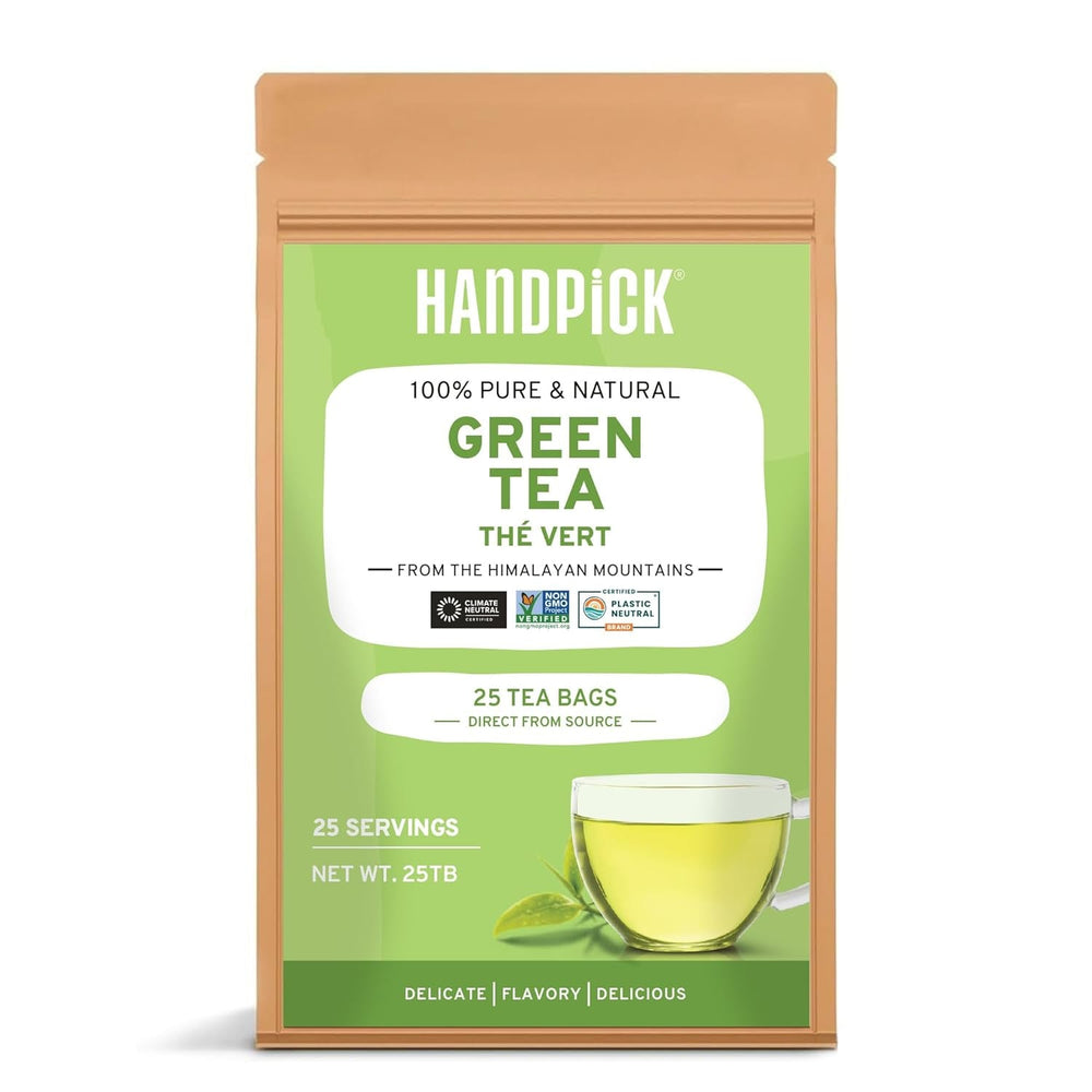 HANDPICK, pliculețe de ceai verde - 25 bucăți | 100% frunze de ceai verde pur din Himalaya, India | Plicuțe de ceai verde ecologice, preparare la cald sau rece