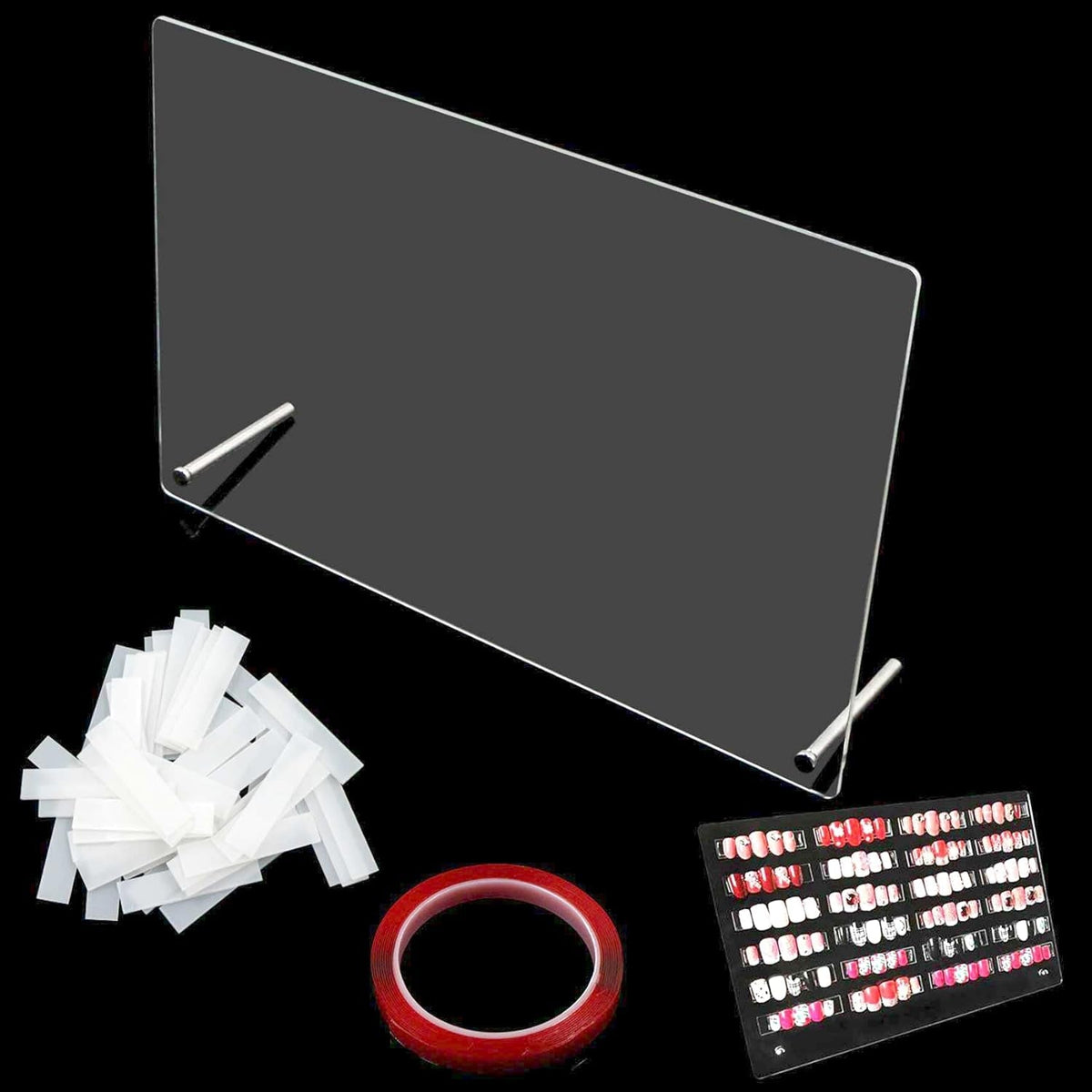 Panneau d'affichage d'ongles en verre acrylique avec bandes d'affichage et nano-adhésif, affichage de pointe d'ongle, carte de couleur transparente pour Nail Art, affichage d'art d'ongle, affichage d'exercice d'ongle (transparent)