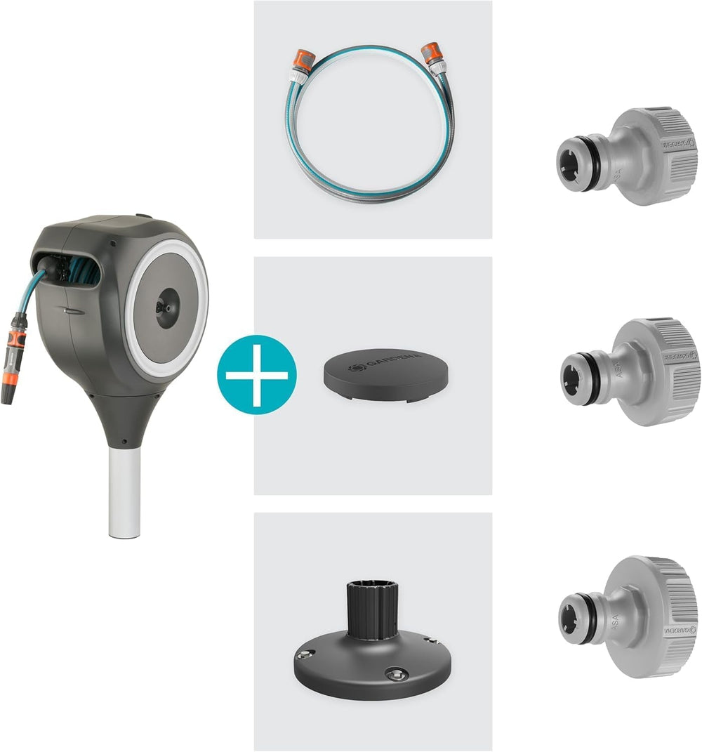 Gardena RollUp M Terrace Hose Box : Boîte résistante aux intempéries avec technologie d'enroulement et tuyau de 20 m pour l'arrosage des jardins en terrasse de taille moyenne, enroulement automatique, blanc (18615-20)