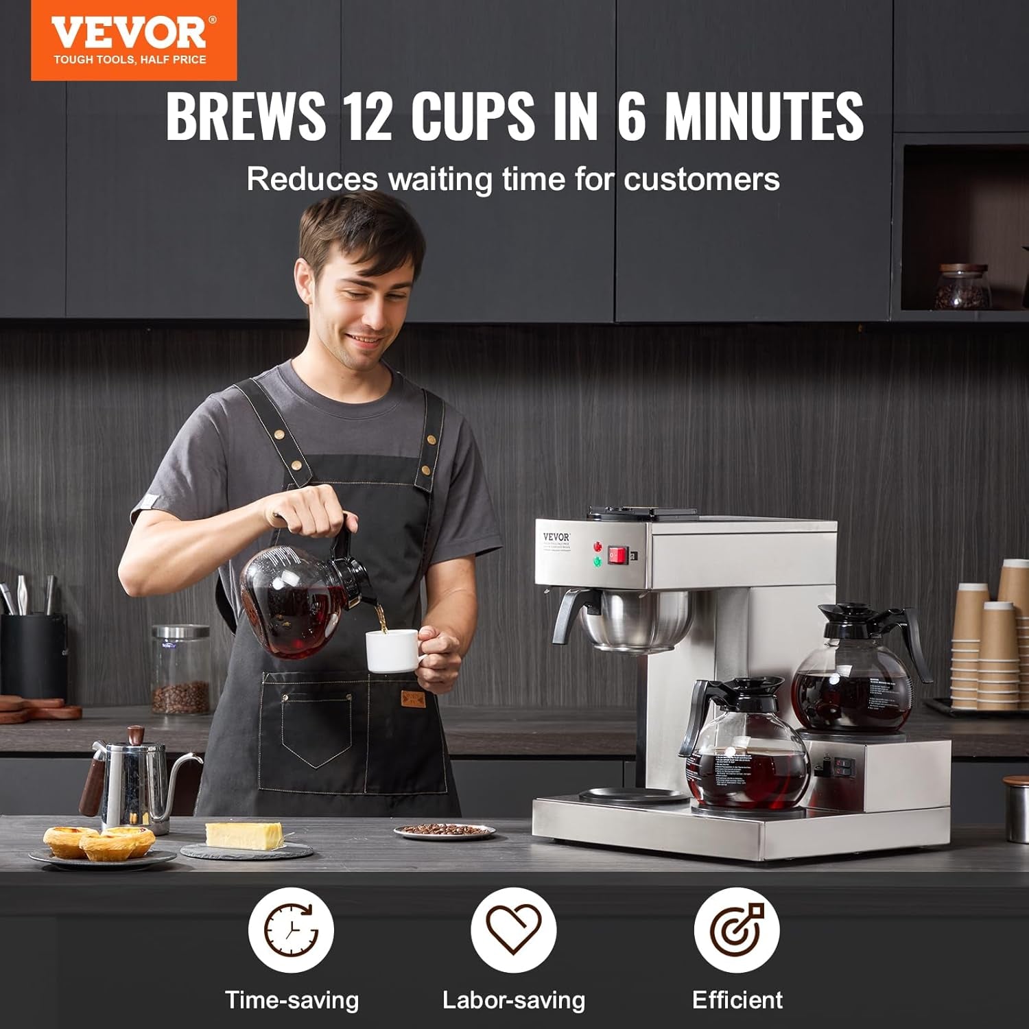 VEVOR Machine à expresso à filtre commerciale de 12 tasses avec 3 carafes en verre et 3 plaques chauffantes Machine à expresso en acier inoxydable avec alimentation en eau automatique pour restaurant, bureau, café