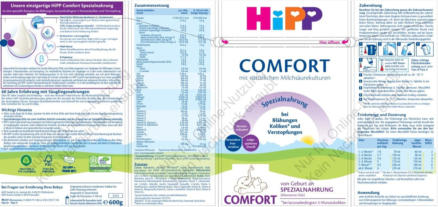 Formule spéciale HiPP Confort (4 x 600 g), dès la naissance, à teneur réduite en lactose, pour la gestion diététique des coliques, ballonnements et constipation
