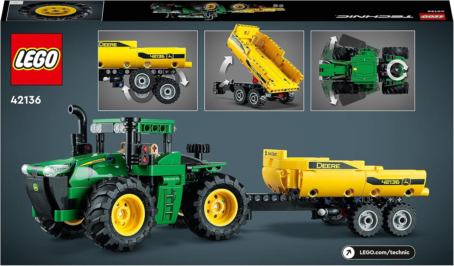 LEGO Technic John Deere 9620R Tracteur 4 roues motrices avec remorque à benne basculante Jouet agricole classique pour enfants garçons et filles de 8 ans Kit de modèle à collectionner 42136 Ensembles de construction Besuche an LEGO-Store