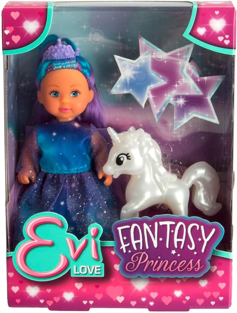 Simba Evi Love Fantasy Princess, Puppe in einem märchenhaften Kleid mit glitzerndem Einhorn, 12cm Spielpuppe, ab 3 Jahren