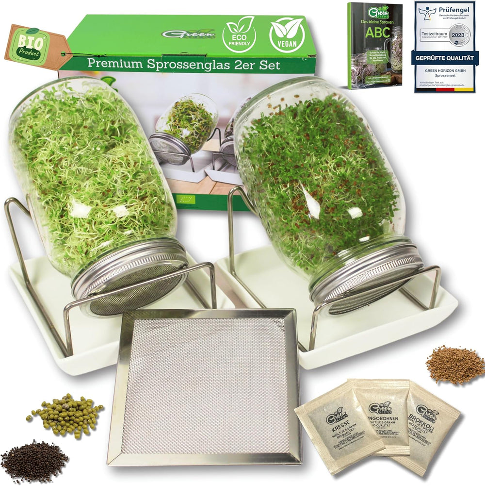 [Coffret de démarrage original avec pot à germer + passoire à cresson | 1000 ml avec support en maille d'acier inoxydable de haute qualité, plateau en céramique + ABC pour la germination [version imprimable] plateau de semis avec pot de germination
