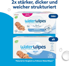 WaterWipes Sensitive+ Lingettes humides pour nouveau-nés et bébés, 540 pièces (9 paquets), nettoyage 3 en 1, entretien, protection, 99,9 % d'eau, sans parfum