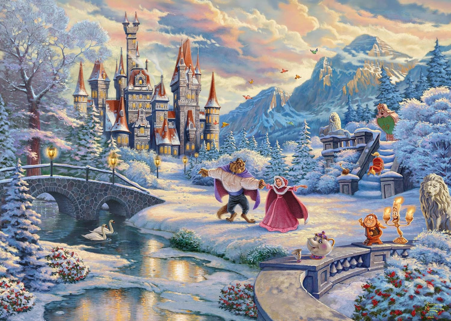 Schmidt Spiele 59671 Thomas Kinkade, Disney, La Belle et la Bête, Soirée d'hiver magique, puzzle 1000 pièces Puzzle Naty Shop