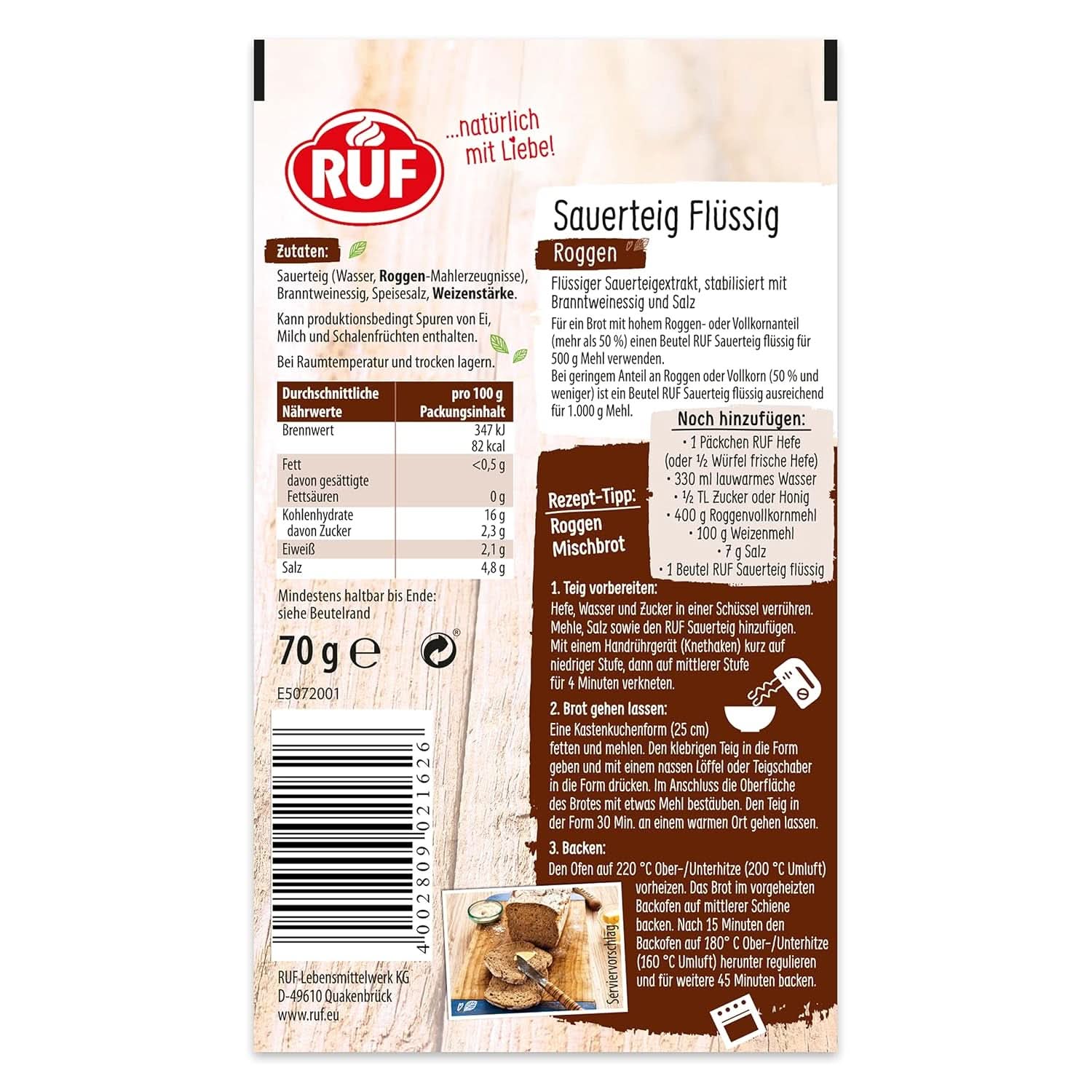 RUF Rye Sourdough Liquid, extrait liquide pour pâte à pain et petits pains, Levain, pain de seigle et complet, 170 grammes Kitchen Naty Shop