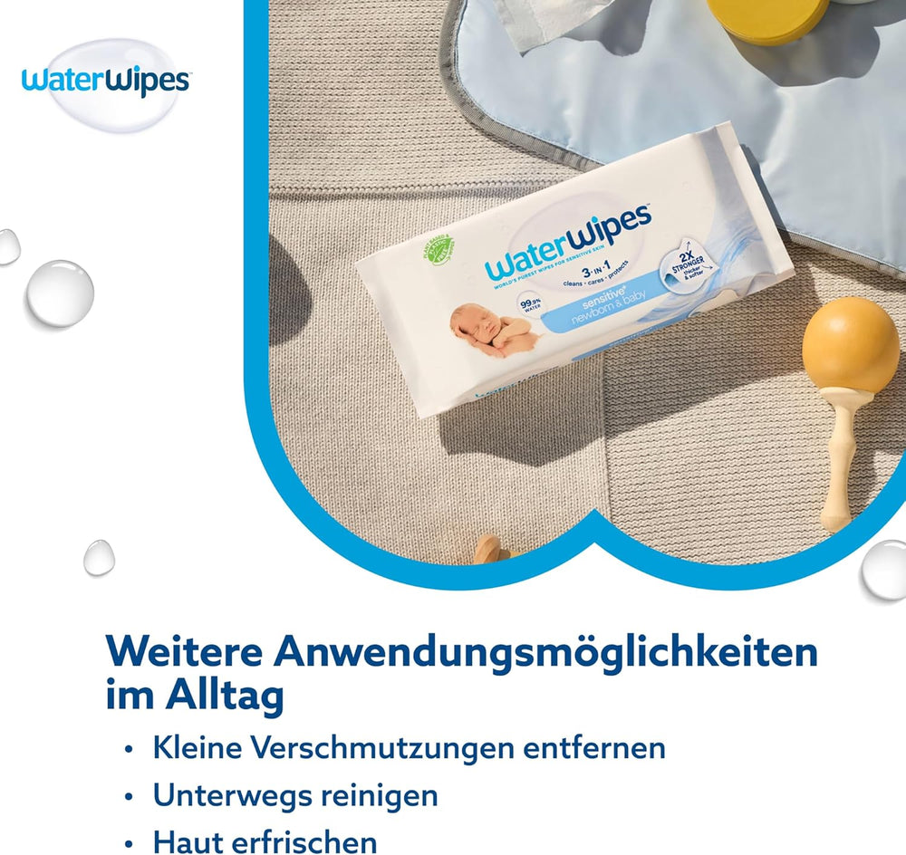 WaterWipes Sensitive+ Lingettes humides pour nouveau-nés et bébés, 360 pièces (paquet de 6), nettoyage 3 en 1, entretien, protection, 99,9 % d'eau, sans parfum