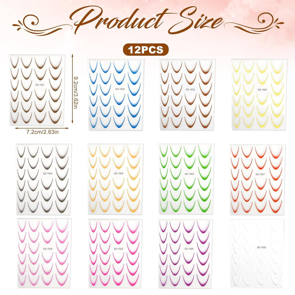 12 Stück French Tip Nagelsticker Selbstklebend Bunte French Nails Schablone Nagelaufkleber Nail Art Stickers Nageldesign DIY Nägel Zubehör(12 Farben)