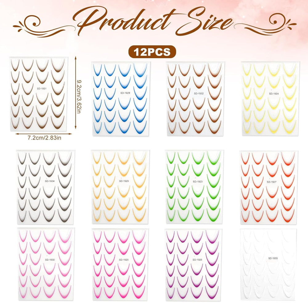 12 pièces French Tip Nagelsticker Selbstklebend Bunte French Nails Schablone Nagelaufkleber Nail Art Stickers Nageldesign DIY Nägel Zubehör(12 Farben)