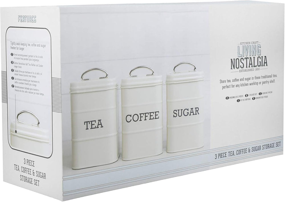 KitchenCraft Living Nostalgia Lot de 3 pots de conservation pour thé, sucre et café dans une boîte cadeau, acier, crème antique, 11 cm x 11 cm x 17 cm, boîtes de conservation alimentaires bleues vintage Naty Shop