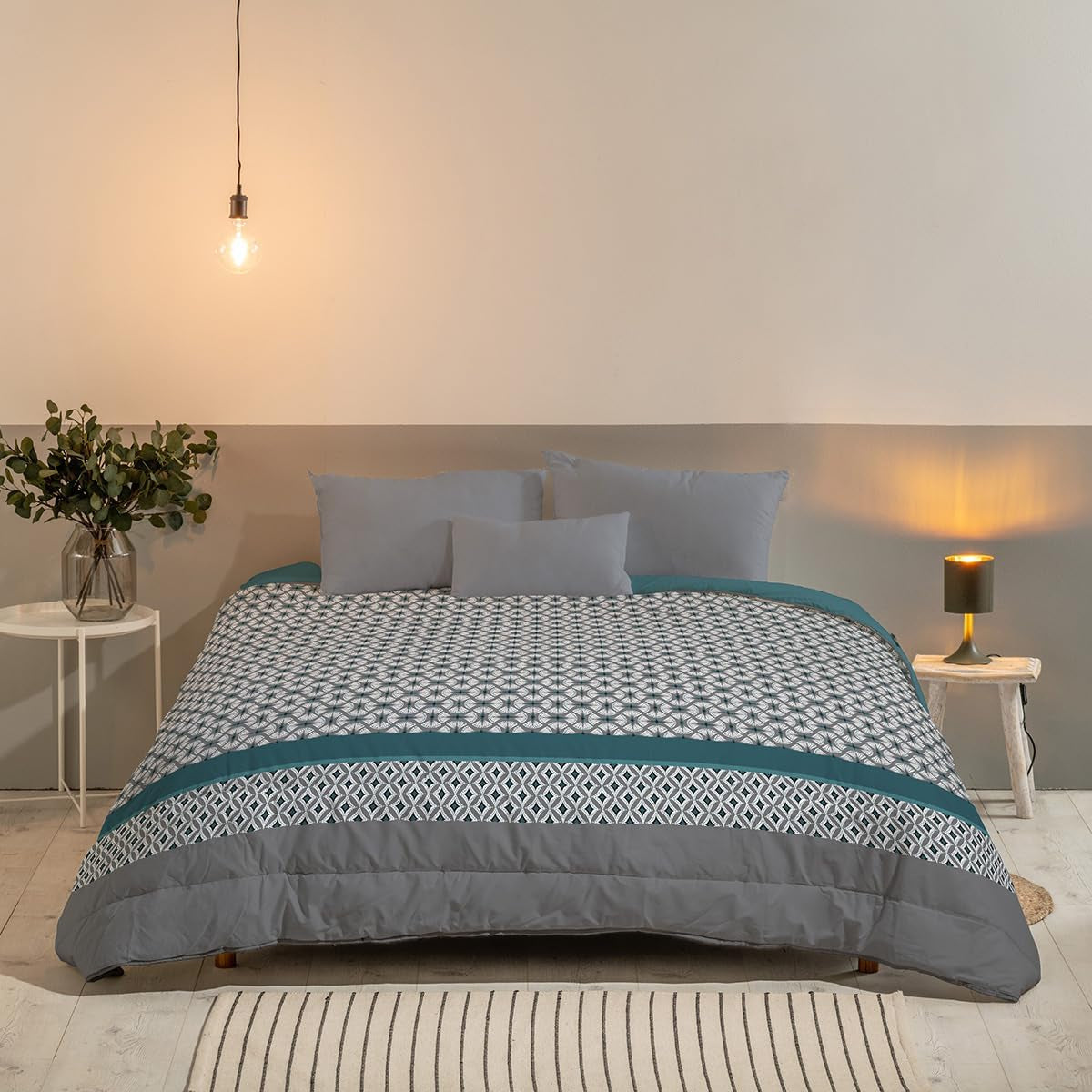 Bleu Câlin Couette imprimée 1 personne Hermance, polyester, bleu/gris, 140 X 200 Cm Couettes et couettes Naty Shop Bleu/gris/blanc 220X240 Cm