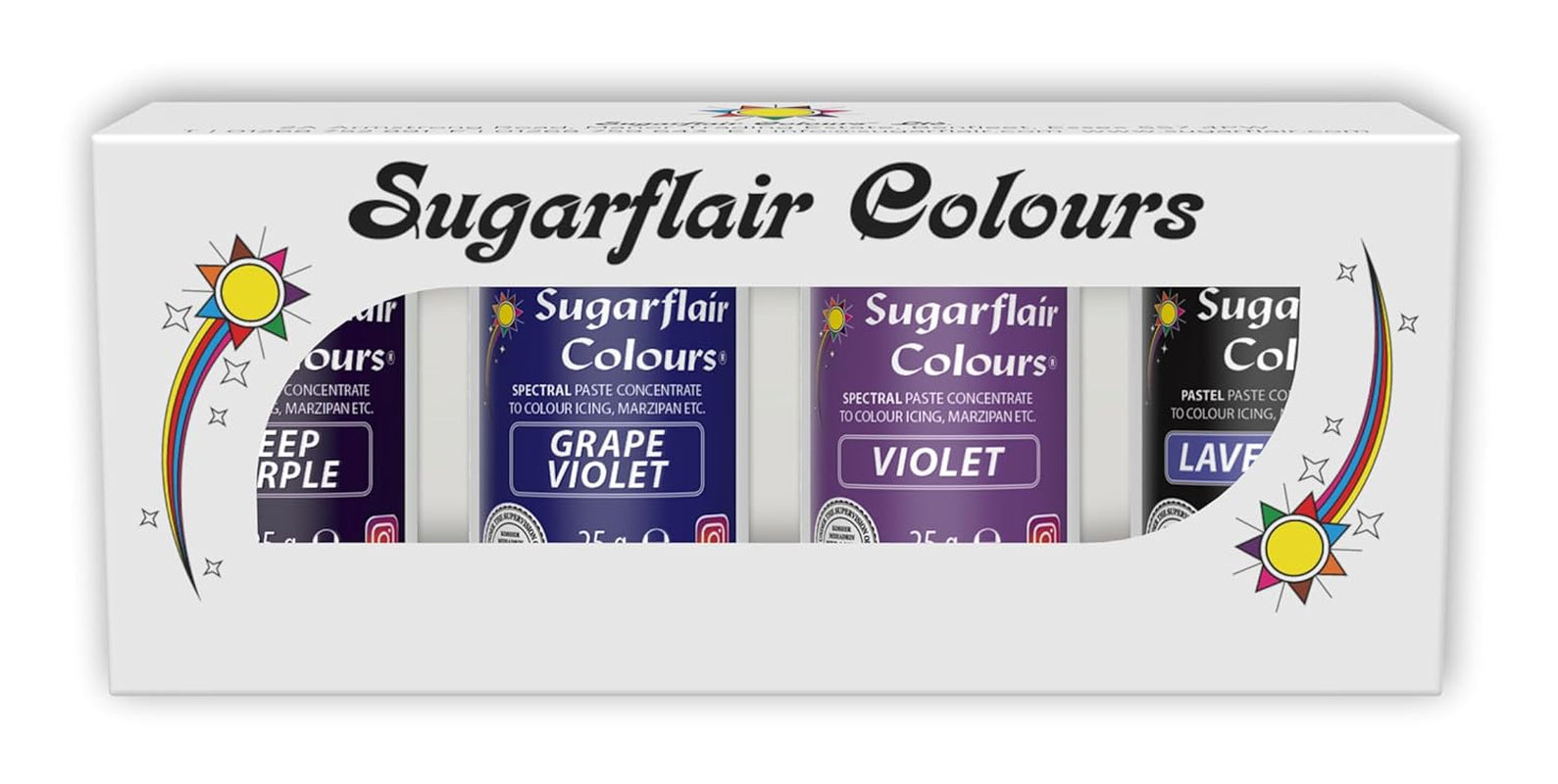 Sugarflair Pasta Colorant Alimentaire Violet Lot de 4 Pâtes Colorant Alimentaire Fondant Massepain Pâte à Sucre Crème Au Beurre et Plus encore : Violet, Lavande, Raisin Violet, Violet Foncé - Lot de 4