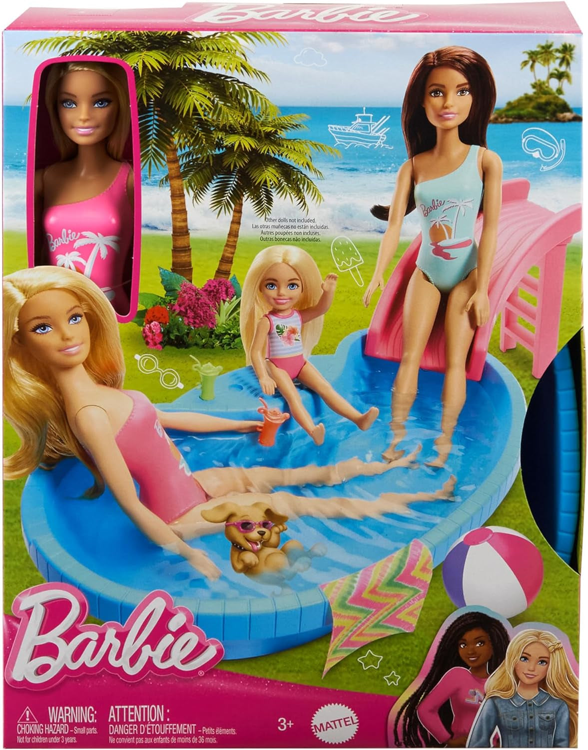 Poupée Barbie et accessoires - piscine avec toboggan et accessoires pour des heures de plaisir au soleil, maillot de bain rose au design tropical, pour enfants à partir de 3 ans, HRJ74 Naty Shop Dollhouses