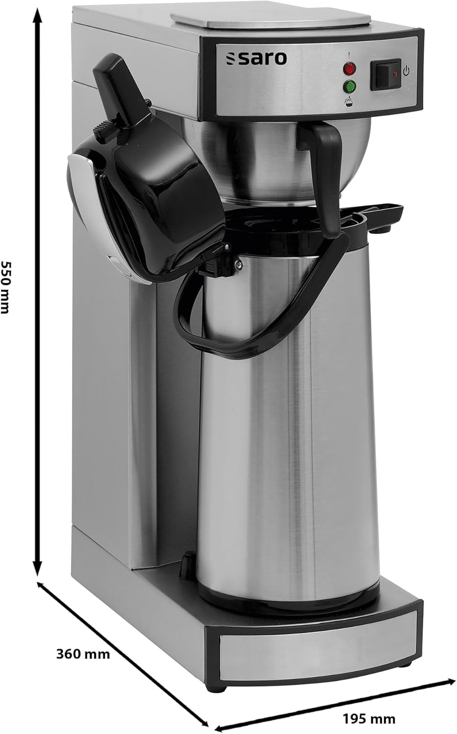 Machine à expresso Saro, avec carafe et pompe isolée en acier inoxydable – 2,2 l – temps de préparation env. 5–6 min – protection en cas de fonctionnement sans eau – 2,069 kW – modèle THERMO 24