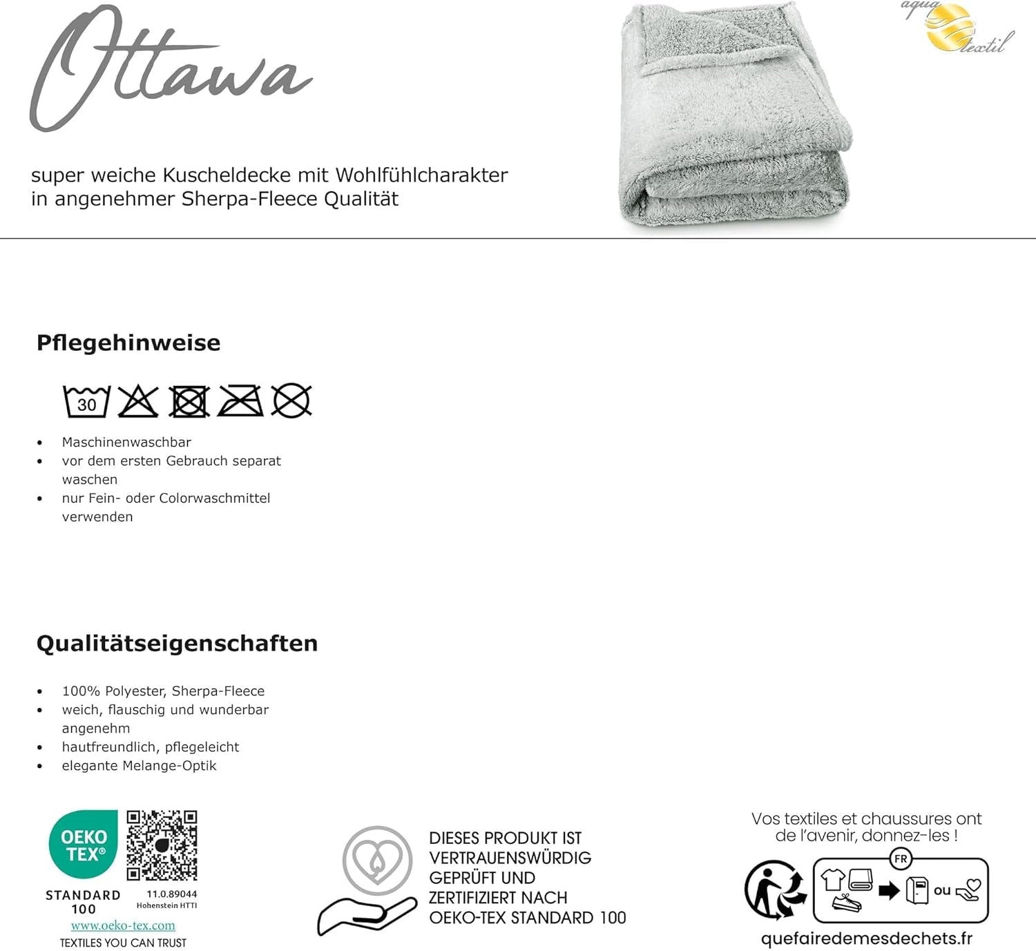 Aqua-Textil Couverture câline moelleuse 150 X 200 Cm Gris Blanc Mélange Peluche Couverture TV Couvre-lit Sherpa Polaire Oeko-Tex Ottawa Lits et Couvertures Besuche den aqua-textil-Store