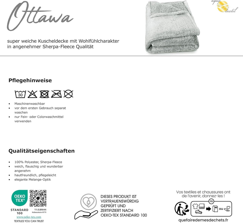 Aqua-Textil Couverture câline moelleuse 150 X 200 Cm Gris Blanc Mélange Peluche Couverture TV Couvre-lit Sherpa Polaire Oeko-Tex Ottawa Lits et Couvertures Besuche den aqua-textil-Store