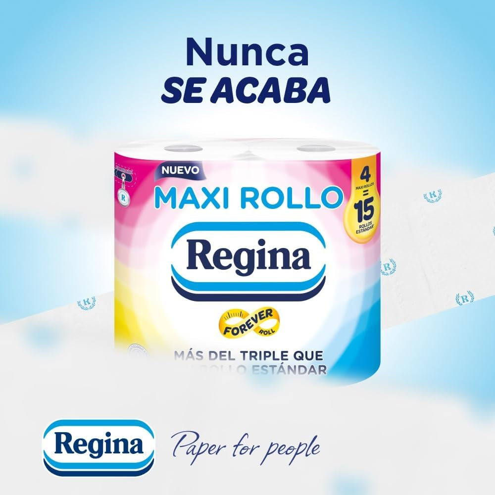 Regina Maxi-Roll - 4 rouleaux de papier toilette, 500 feuilles 2 épaisseurs par rouleau, plus de trois fois un rouleau standard, 60 % d'emballages plastiques recyclés, 100 % papier certifié Fsc