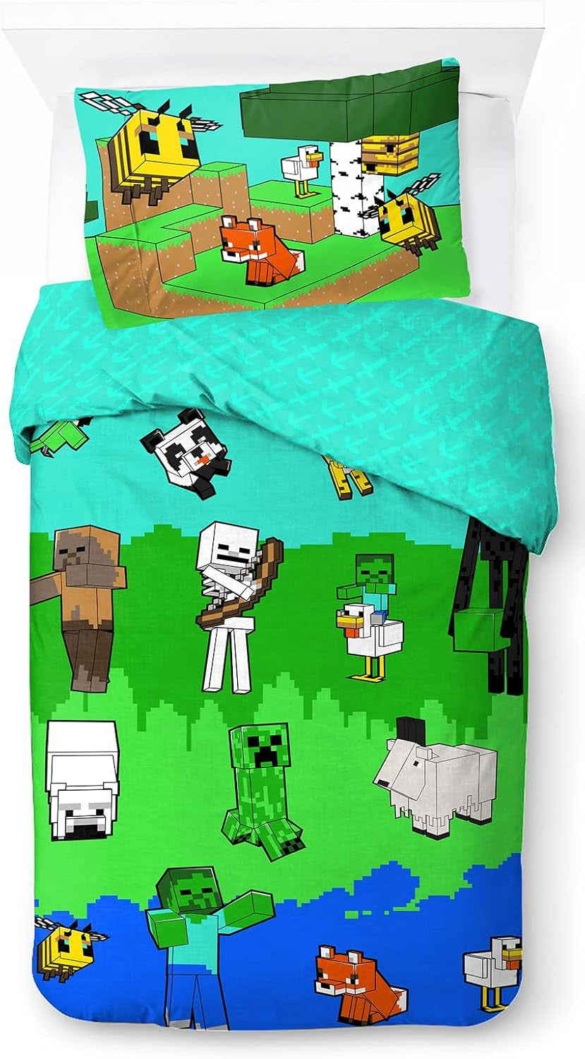 Parure de lit enfant unisexe, princesses et super-héros, 100% coton Parure de lit enfant Naty Shop Multicolore - Minecraft 135X200/50X70 (2 Pièces)