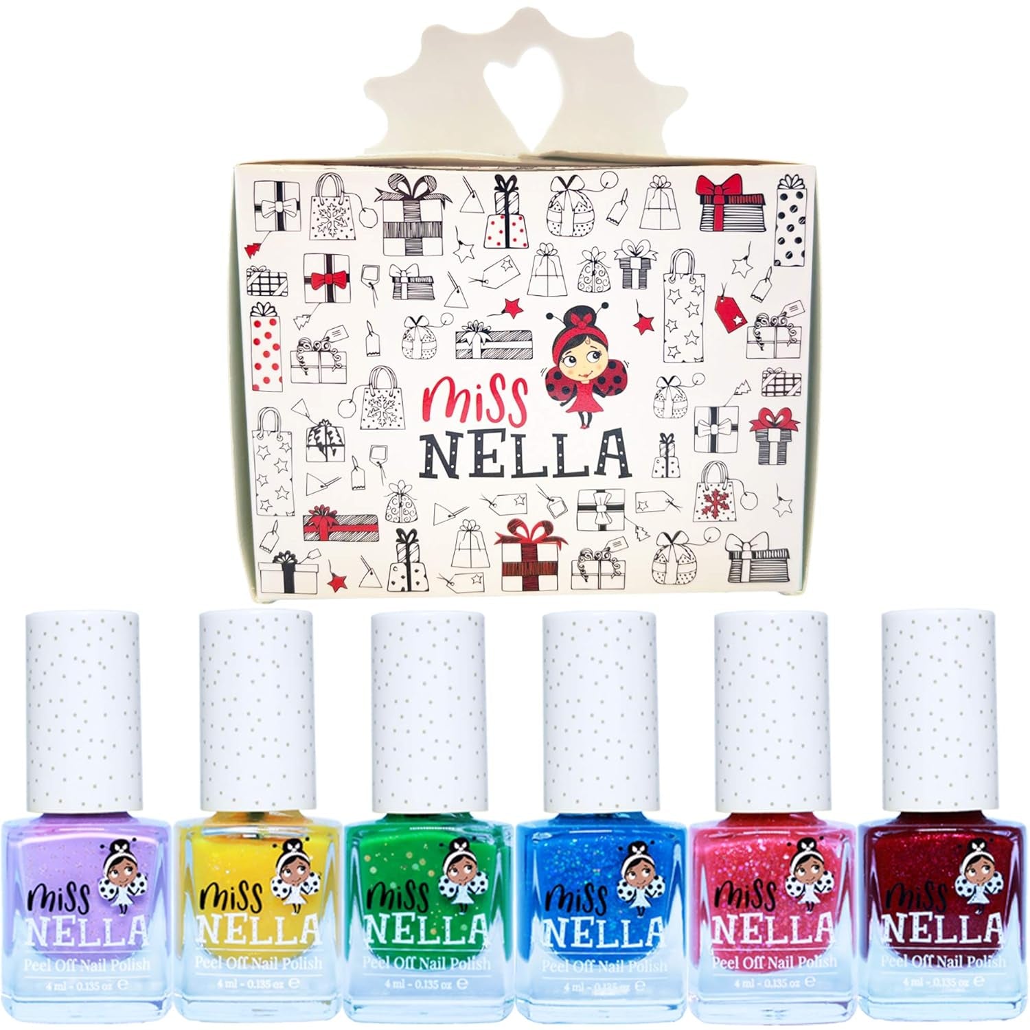 Miss Nella Magic Collection Lot de 4 vernis à ongles pailletés : rose, rouge, or et bleu, vernis à ongles amovible spécial enfants, non toxique, à base d'eau, sans odeur