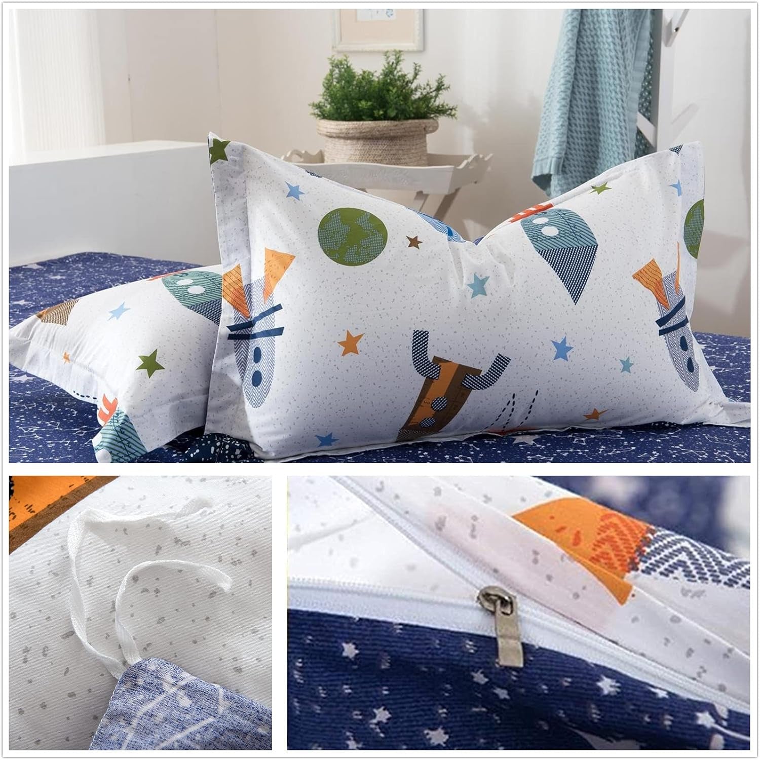 Linge de lit enfant, fusées et planètes, design réversible, linge de lit en coton - enfant Naty Shop